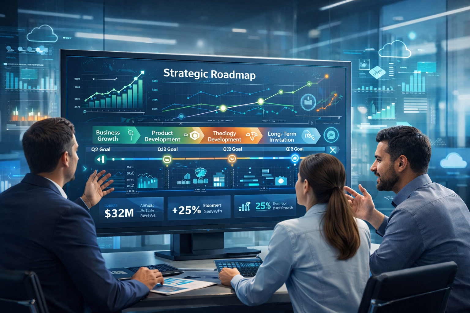 Business executives analyzing strategic roadmap dashboard showing technology initiatives, product development milestones, and business growth metrics