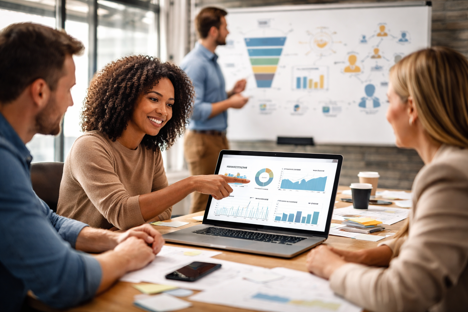 Team analyzing customer retention data and subscription metrics on a laptop in a modern office setting