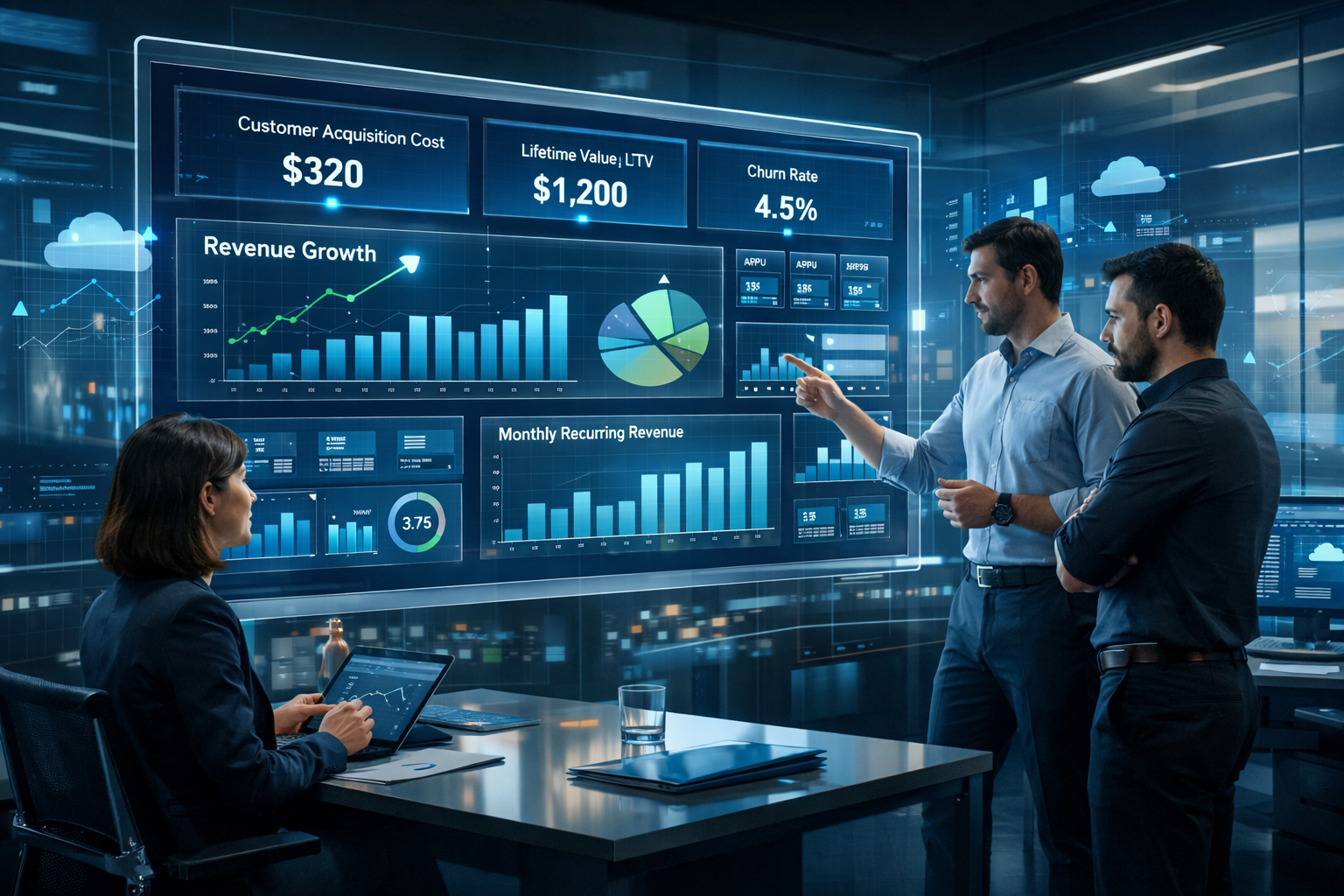 SaaS analytics dashboard showing CAC, LTV, churn rate, and revenue growth metrics with product managers analyzing SaaS unit economics strategy
