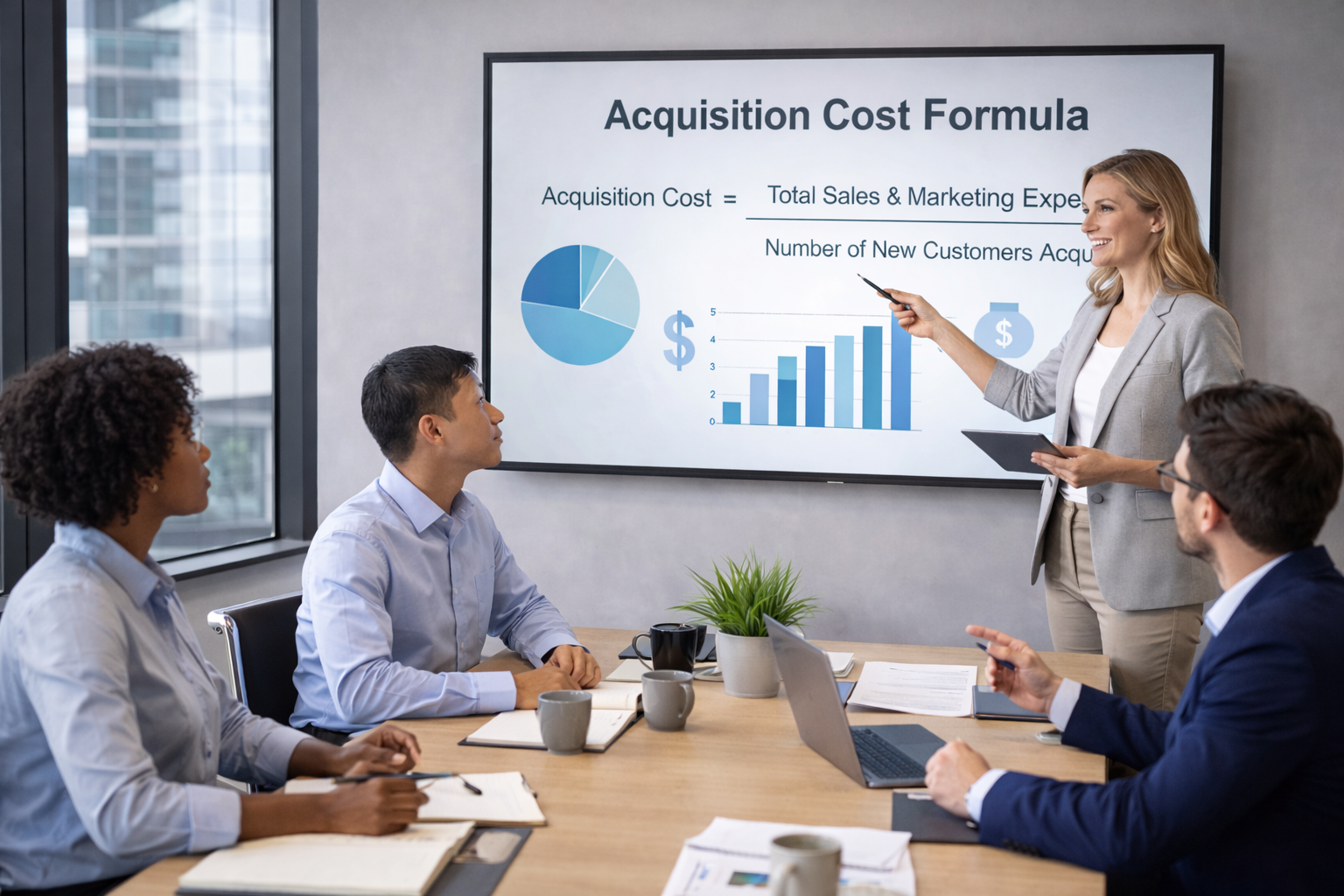 Business team reviewing the acquisition cost formula while a female presenter explains customer acquisition strategy and marketing costs.