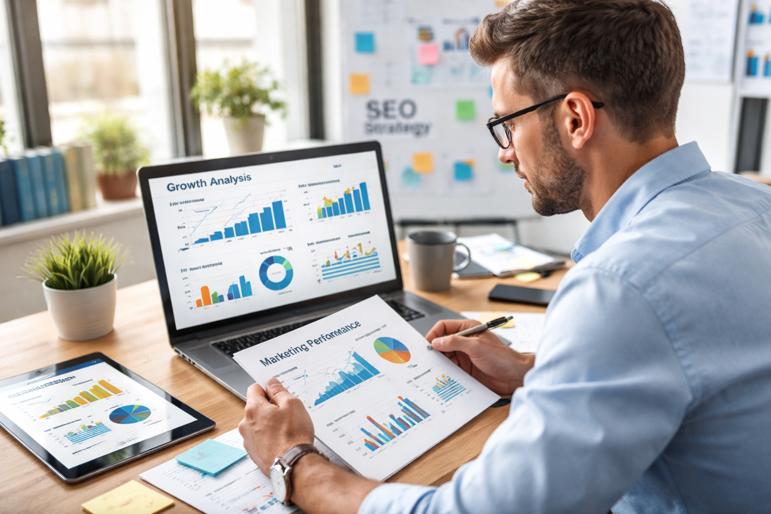 SEO consultant reviewing growth analytics and marketing performance reports on a laptop to analyze SEO strategy and customer acquisition.