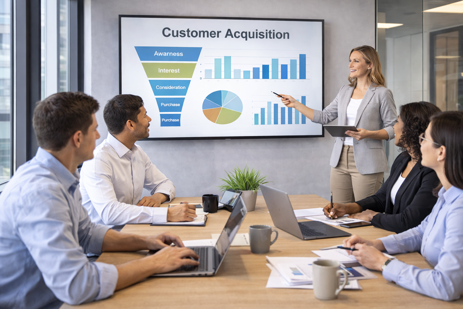 Business team meeting with a female presenter explaining customer acquisition strategies and marketing funnel metrics.