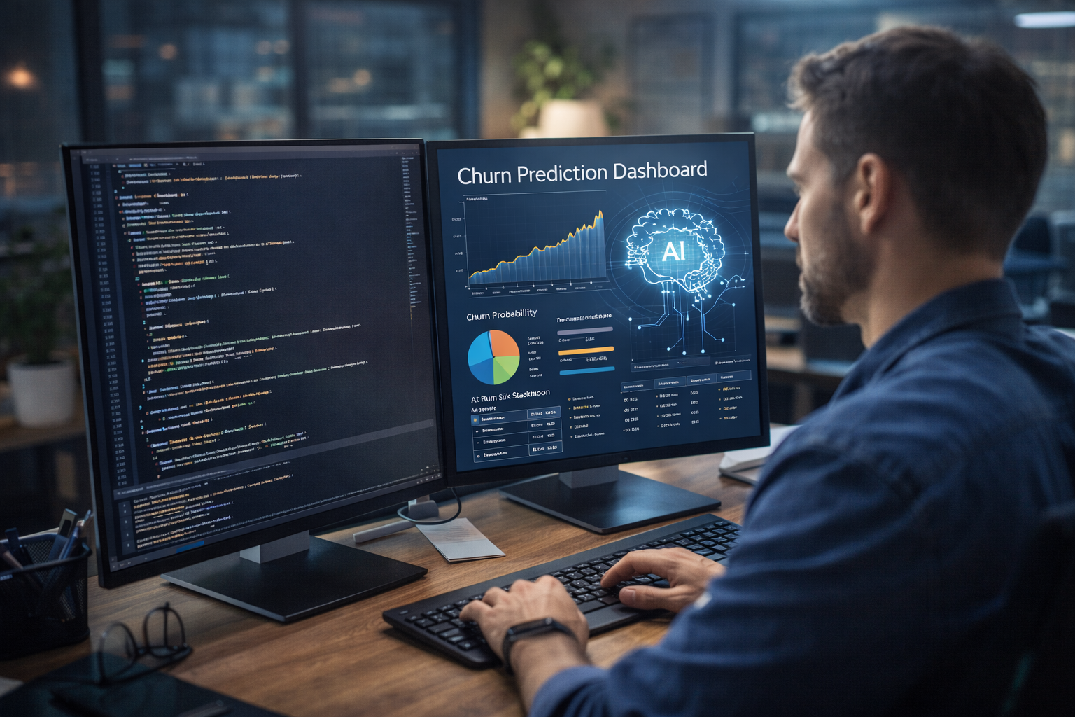 Software developer building churn prediction software with AI capabilities while analyzing predictive analytics dashboards on dual monitors.