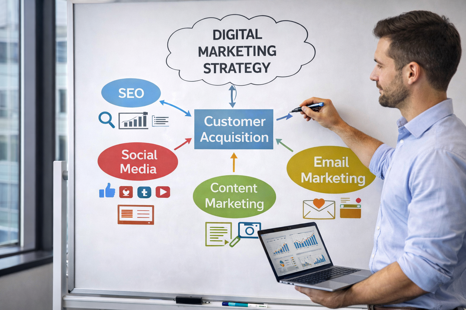 SEO consultant creating digital marketing strategies for customer acquisition including SEO, content marketing, social media, and email marketing.