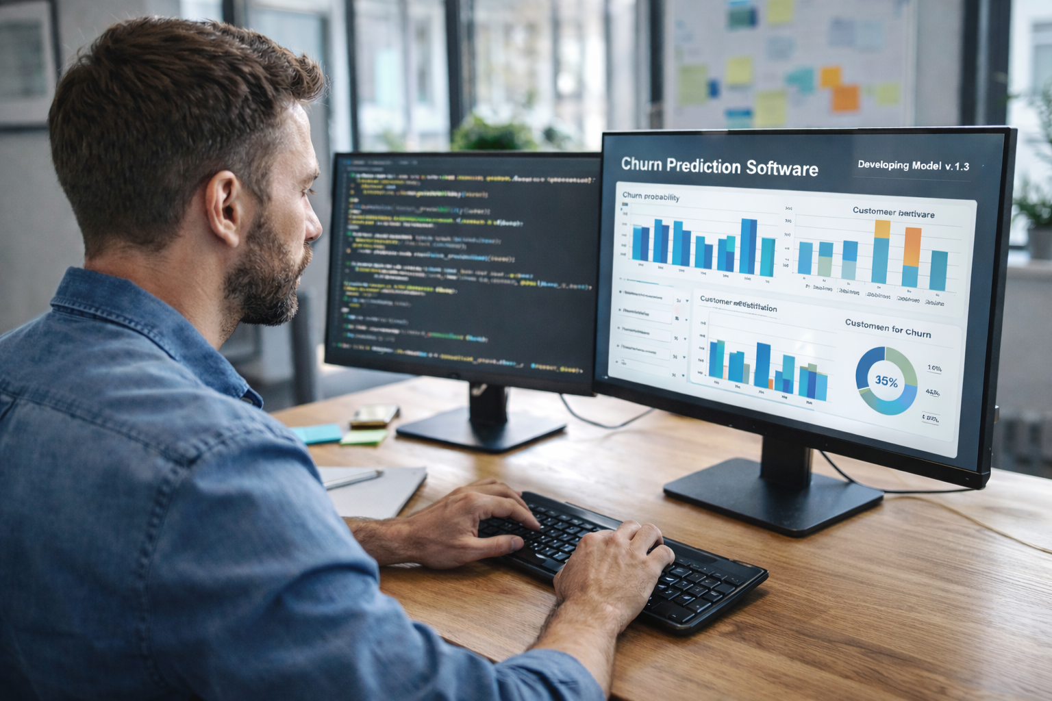 Systems developer programming customer churn prediction software while analyzing churn analytics and machine learning models on dual monitors.