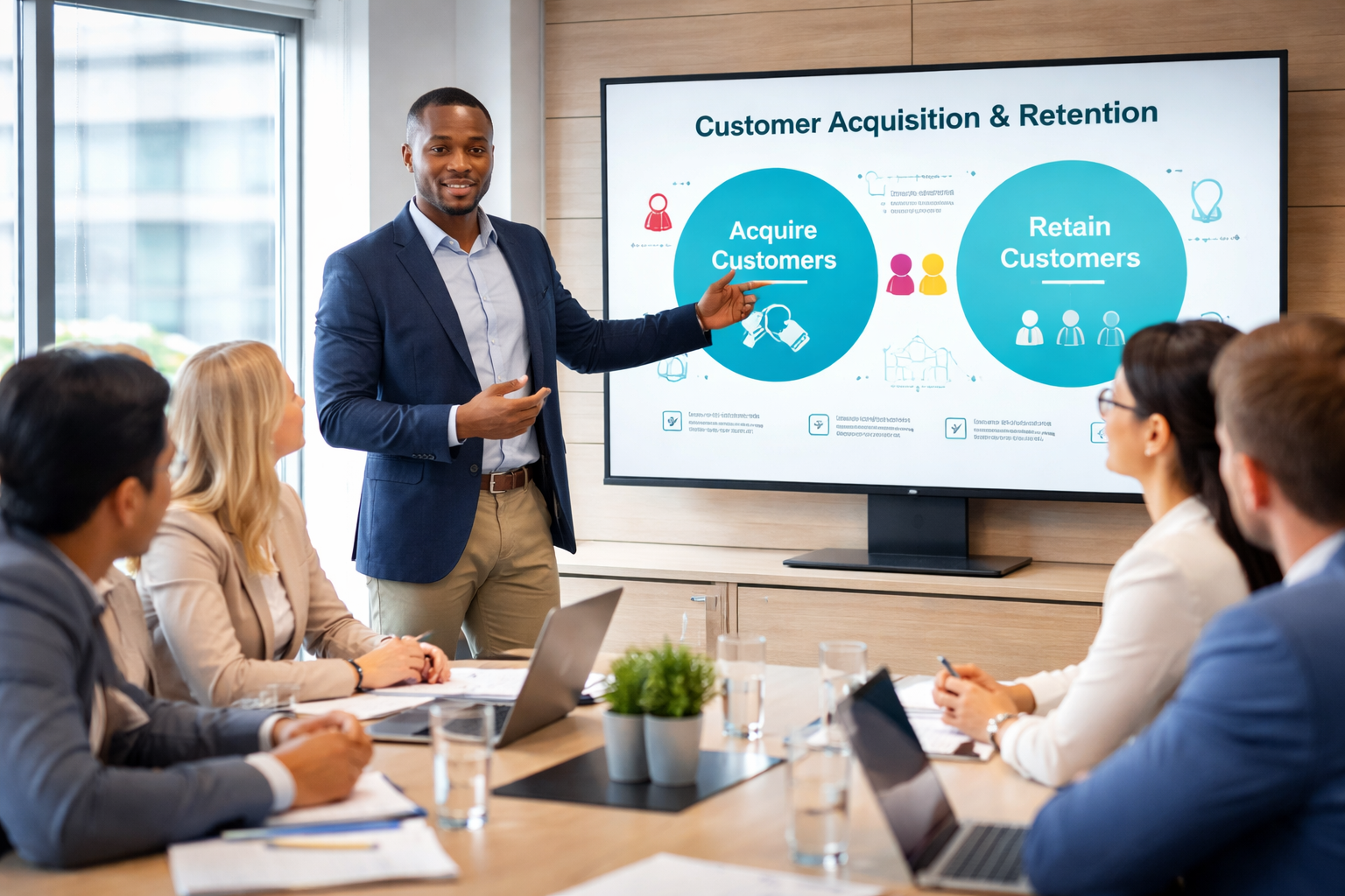 Sales consultant presenting customer retention and customer acquisition strategies to business professionals in a meeting