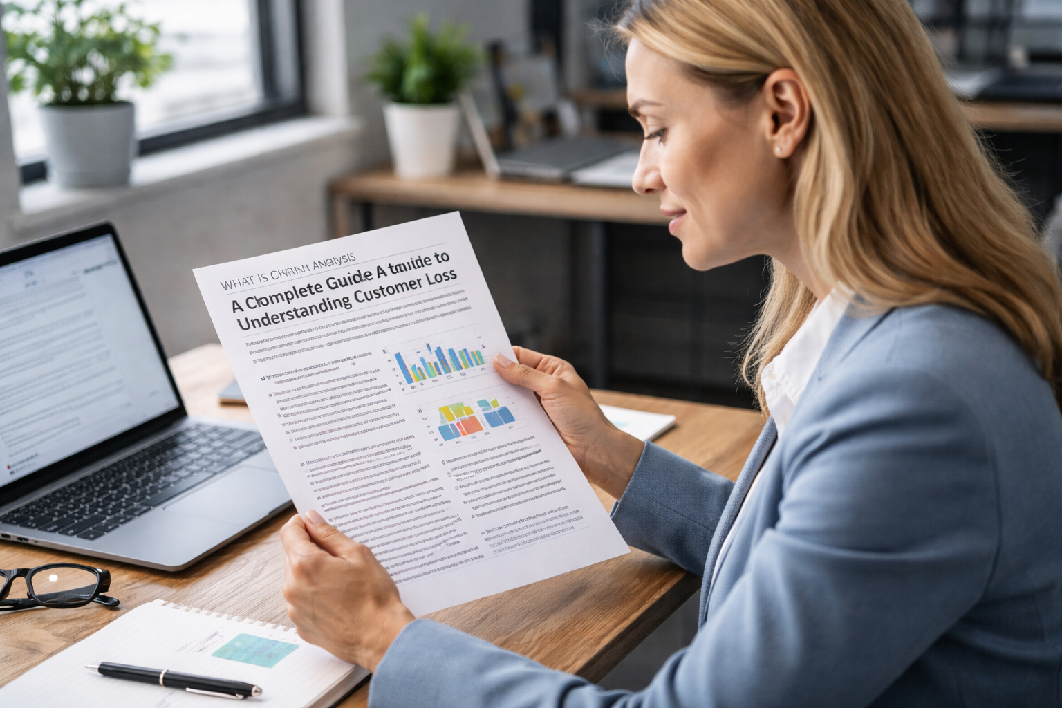 Sales and marketing consultant reviewing churn analysis report to understand customer loss and improve customer retention strategies.