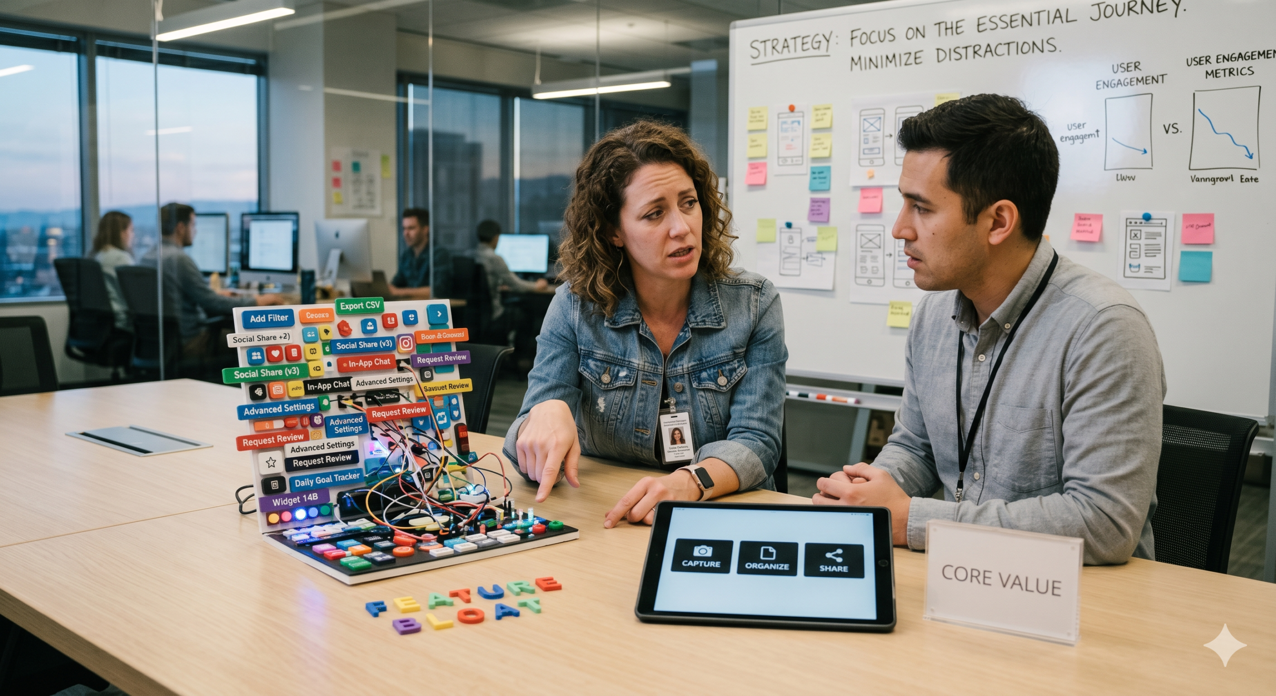 Product designers discussing Feature Bloat vs Core Value in a UX strategy meeting, comparing a complex feature-heavy interface with a simplified user-centered product experience focused on core functionality.