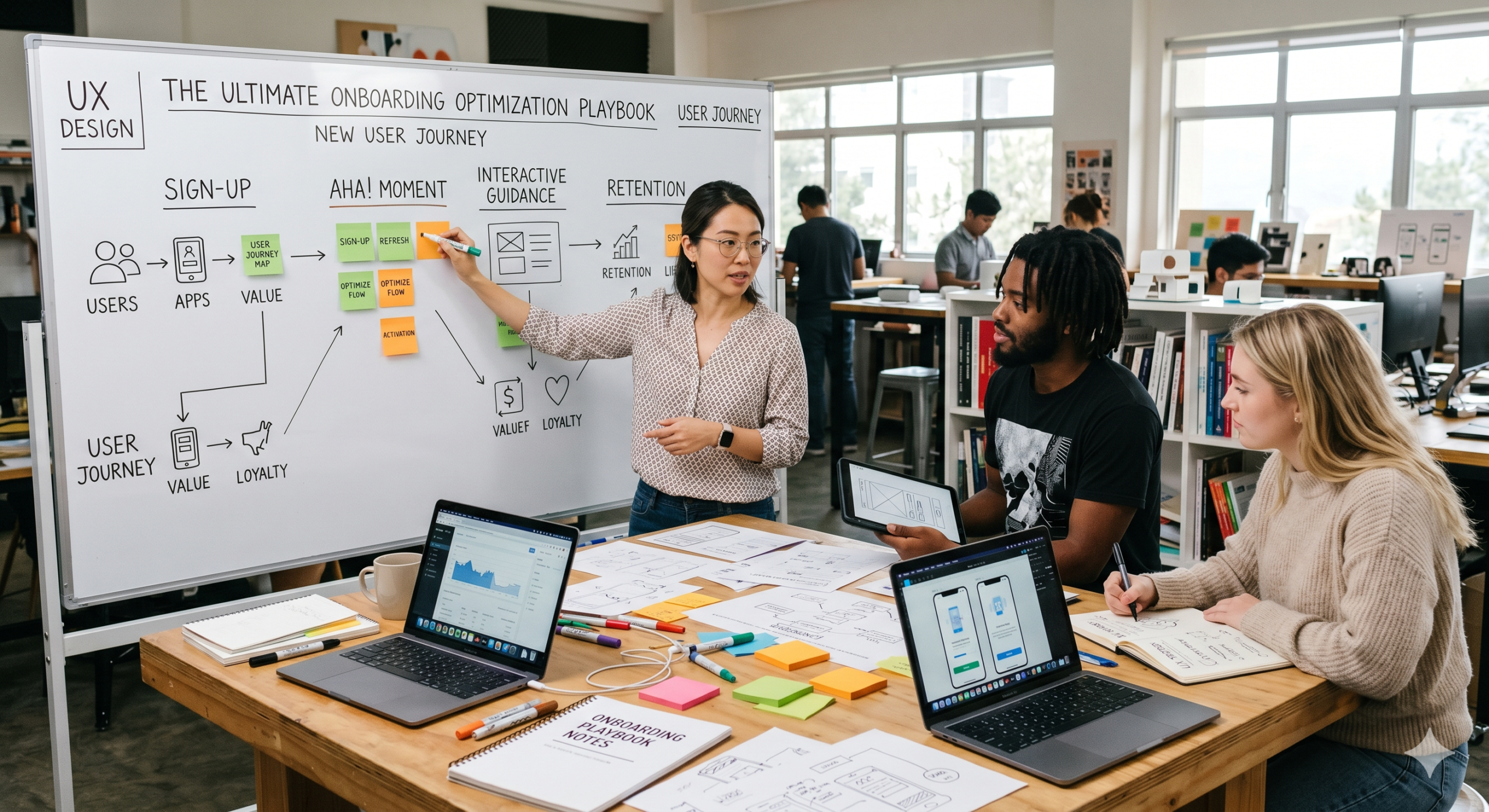 Product design and UX team collaborating on a user onboarding strategy, mapping customer journeys, activation milestones, and retention goals on a whiteboard in a modern office.