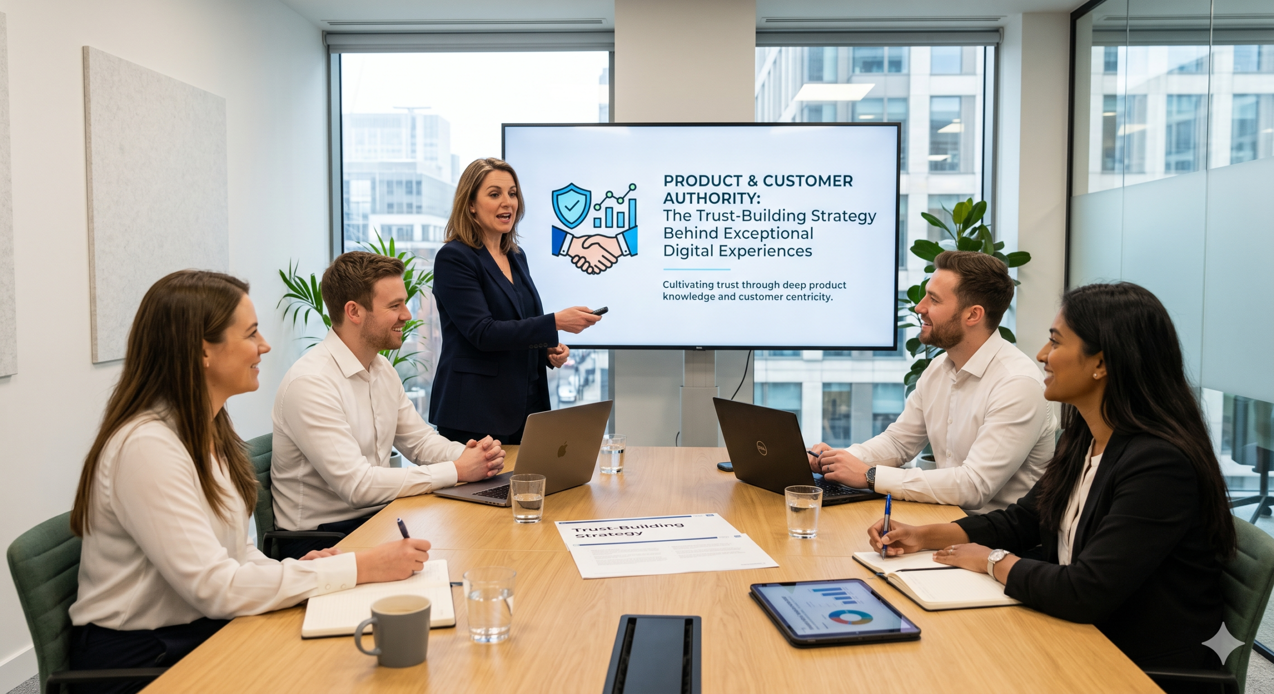 Product Design & UX team discussing Product & Customer Authority strategies during a business meeting focused on trust, customer experience, and digital product success