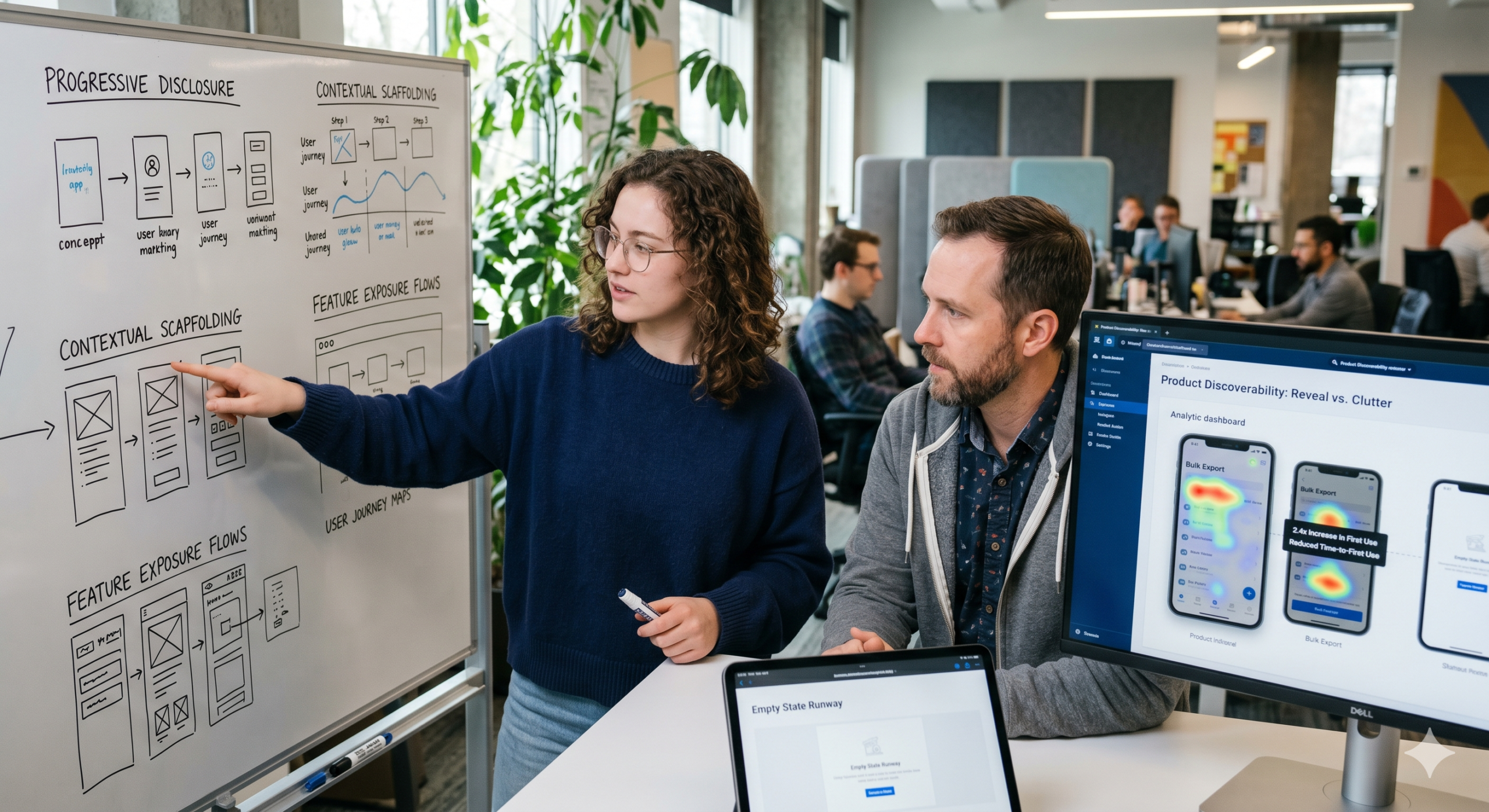 Product designers collaborating on Product Discoverability Systems using wireframes, contextual scaffolding, feature exposure flows, and UX strategy planning in a modern office.