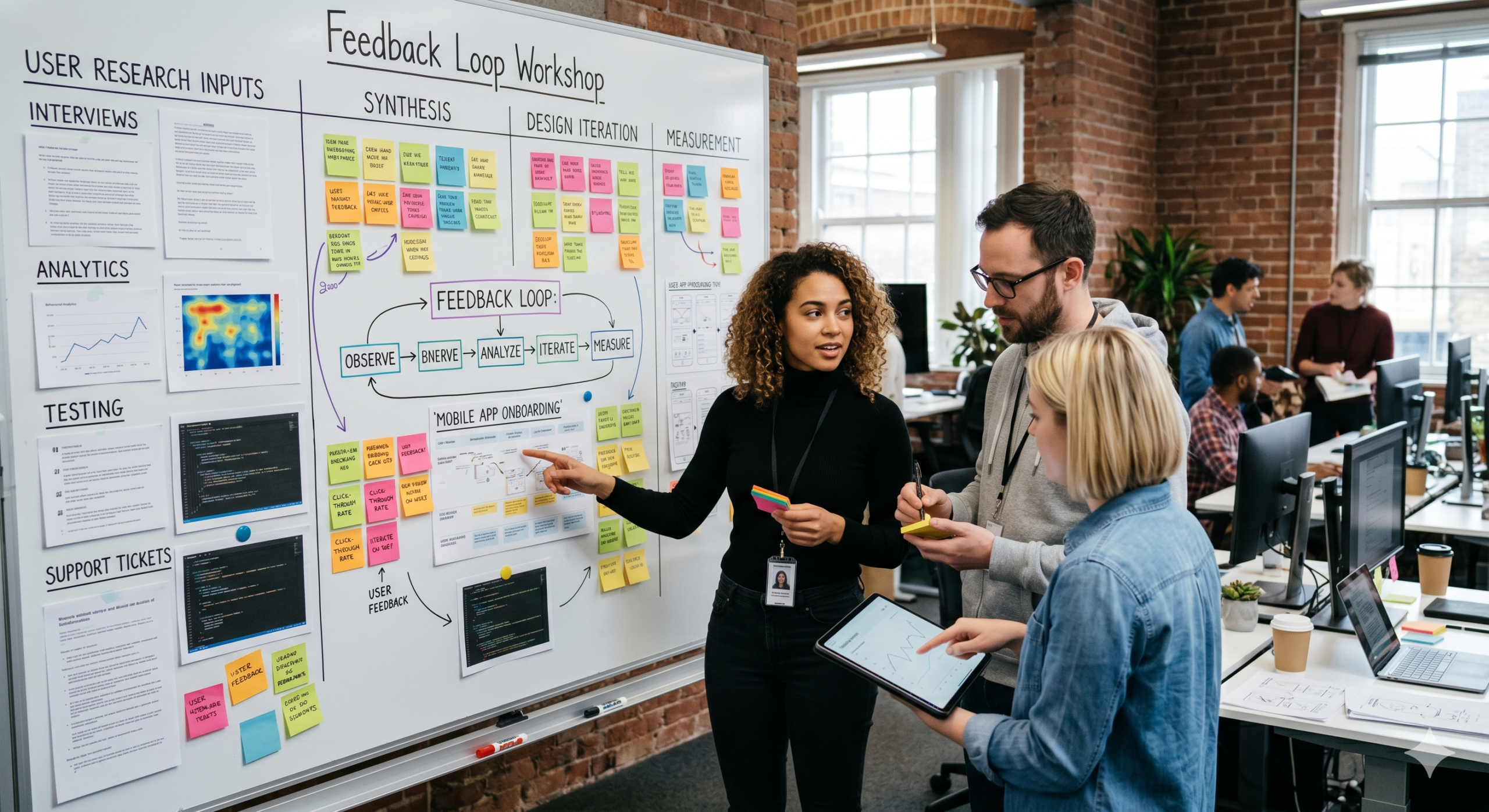 Product design team conducting a feedback loop workshop using user research, analytics, testing data, and customer feedback to improve UX and product performance