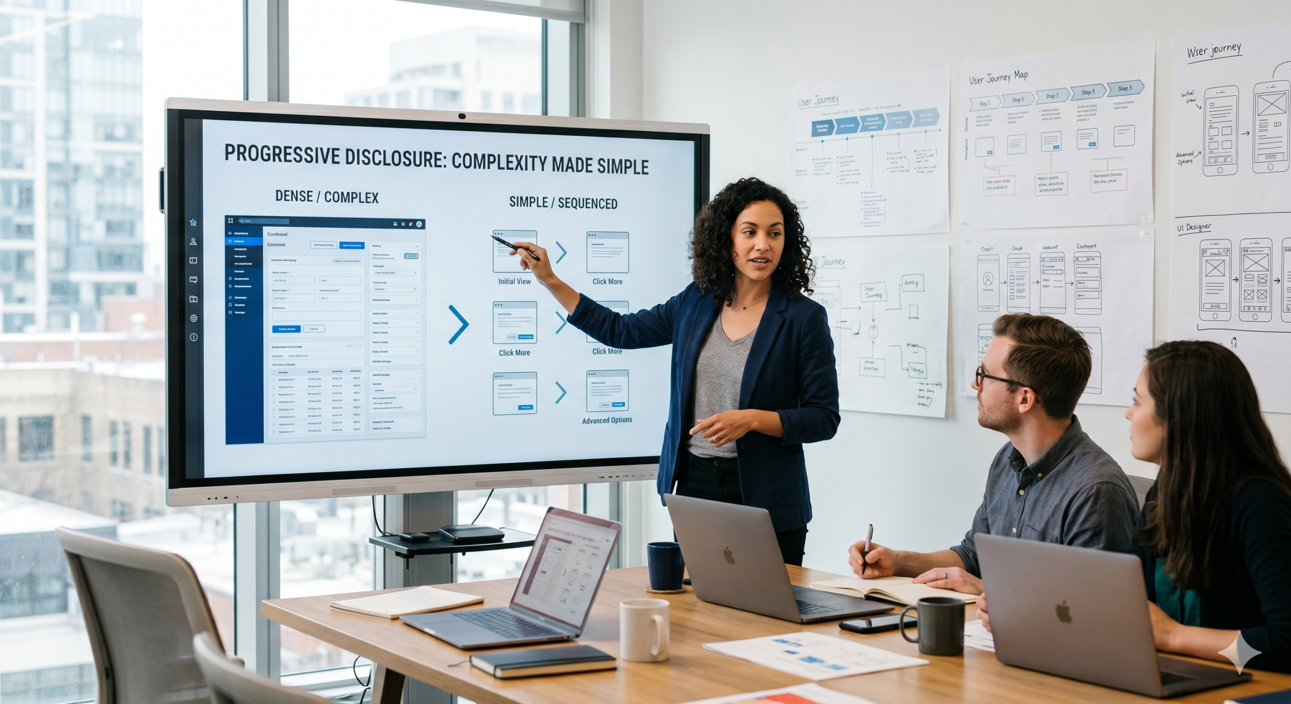 Product designer presenting Progressive Disclosure Techniques during a UX strategy meeting, demonstrating how complex interfaces can be simplified through step-by-step information disclosure and user-centered design.