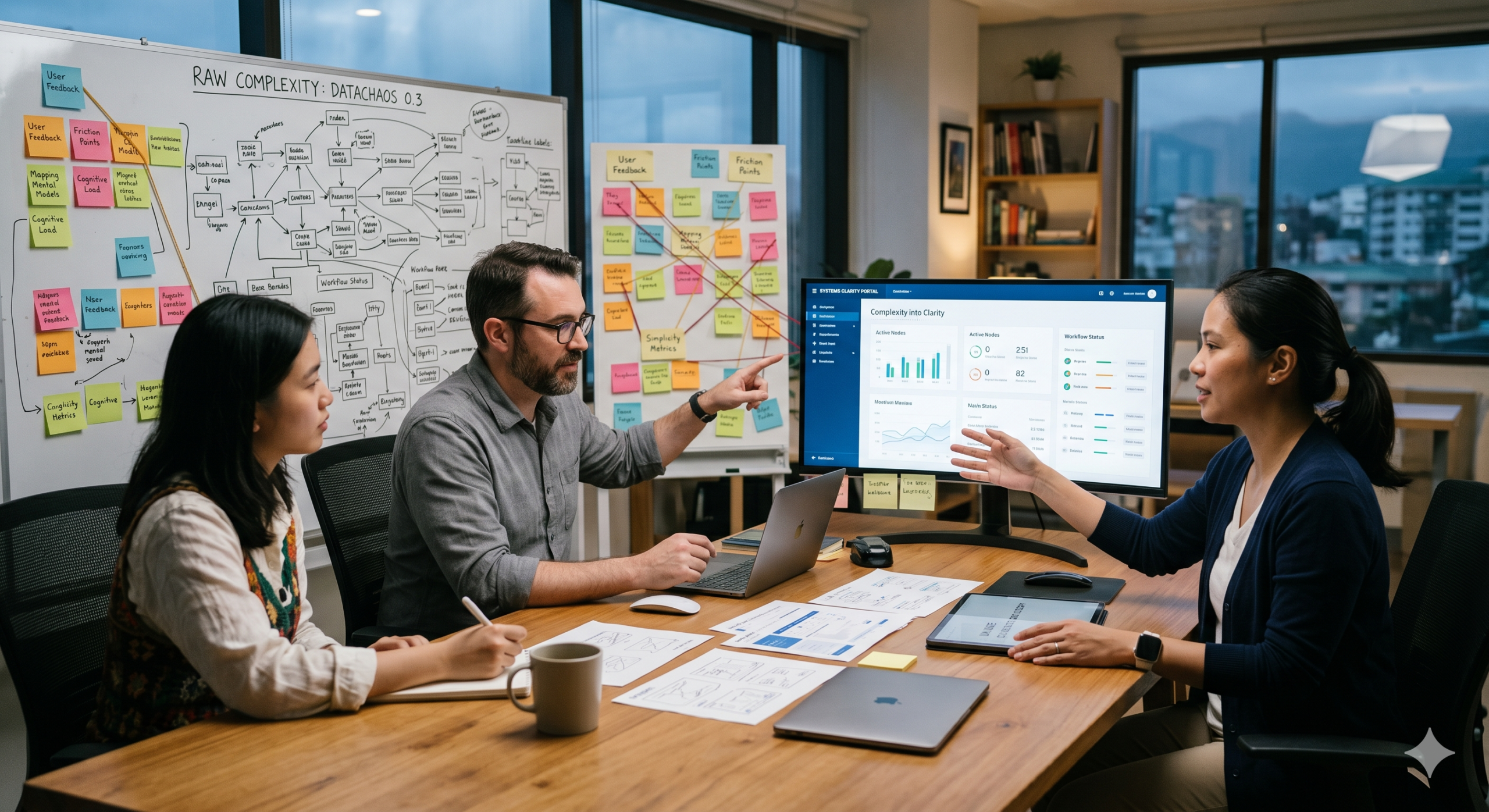 Product design team simplifying complex systems through UX strategy, user research, workflow mapping, and dashboard design in a collaborative workshop.