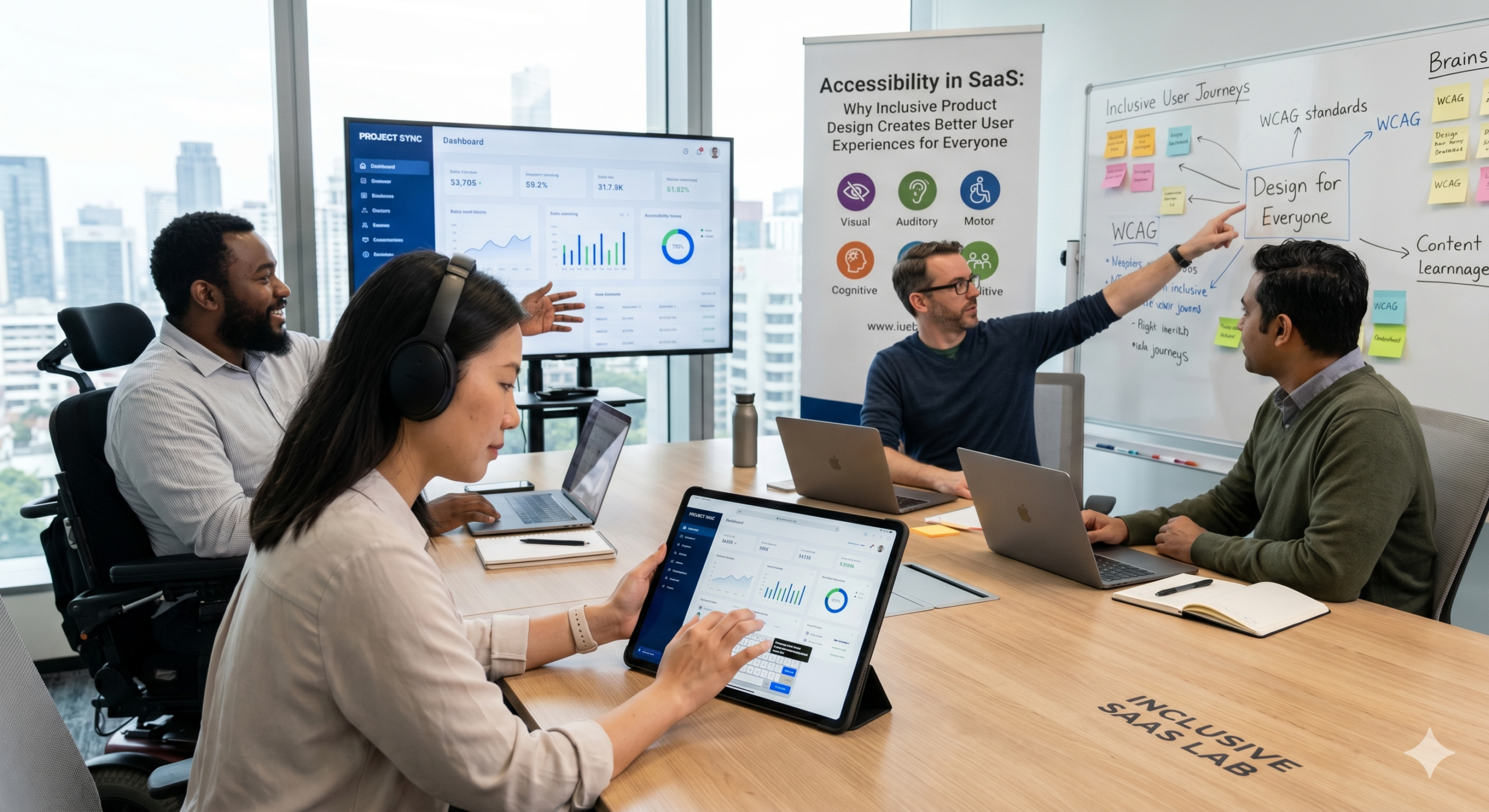 Accessibility in SaaS workshop with a diverse product design team reviewing inclusive UX strategies, WCAG standards, accessible dashboards, and user-centered software design.