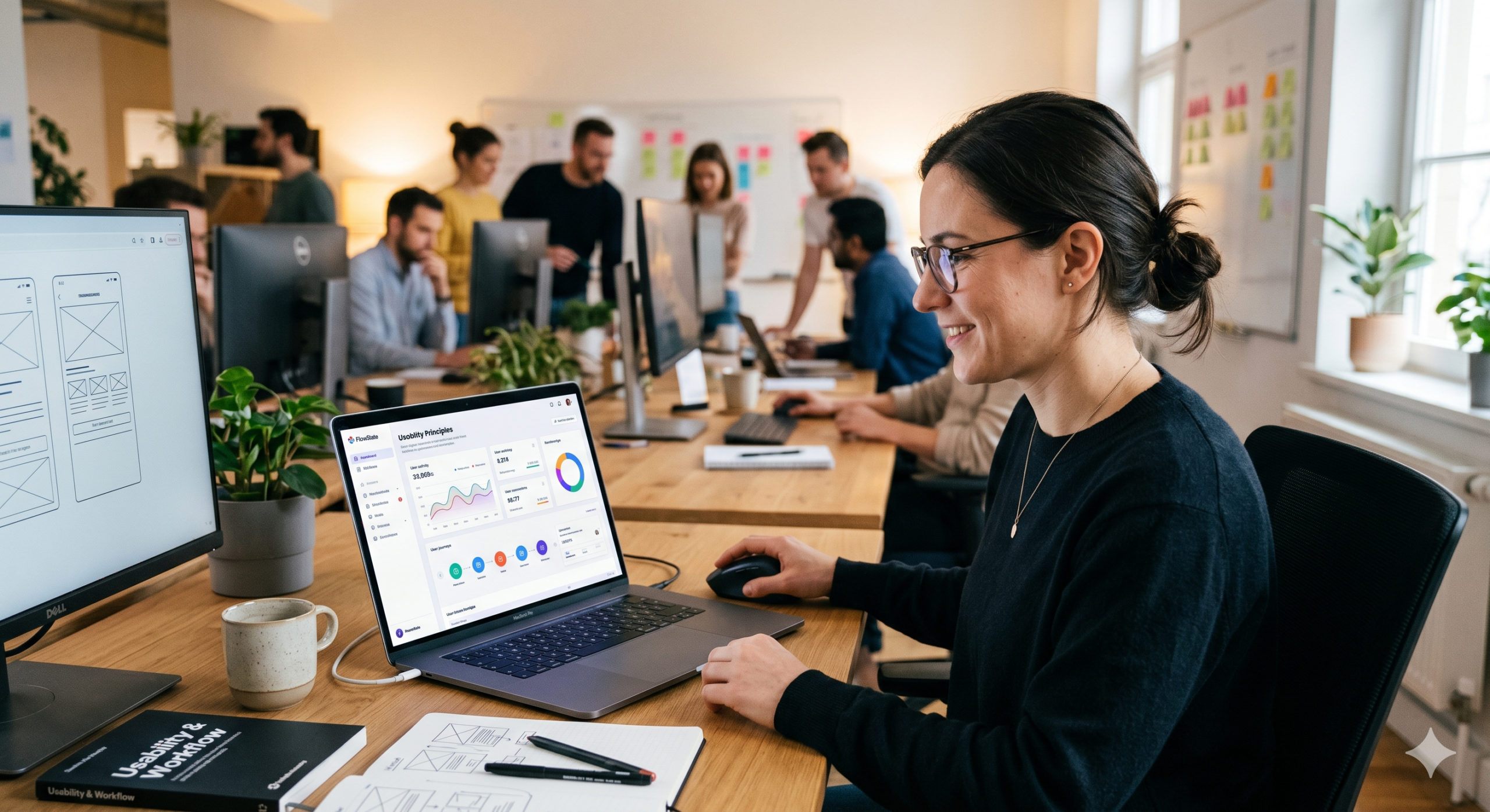 Product designer reviewing usability principles and UX workflow dashboards in a collaborative software development workspace with design wireframes and analytics.