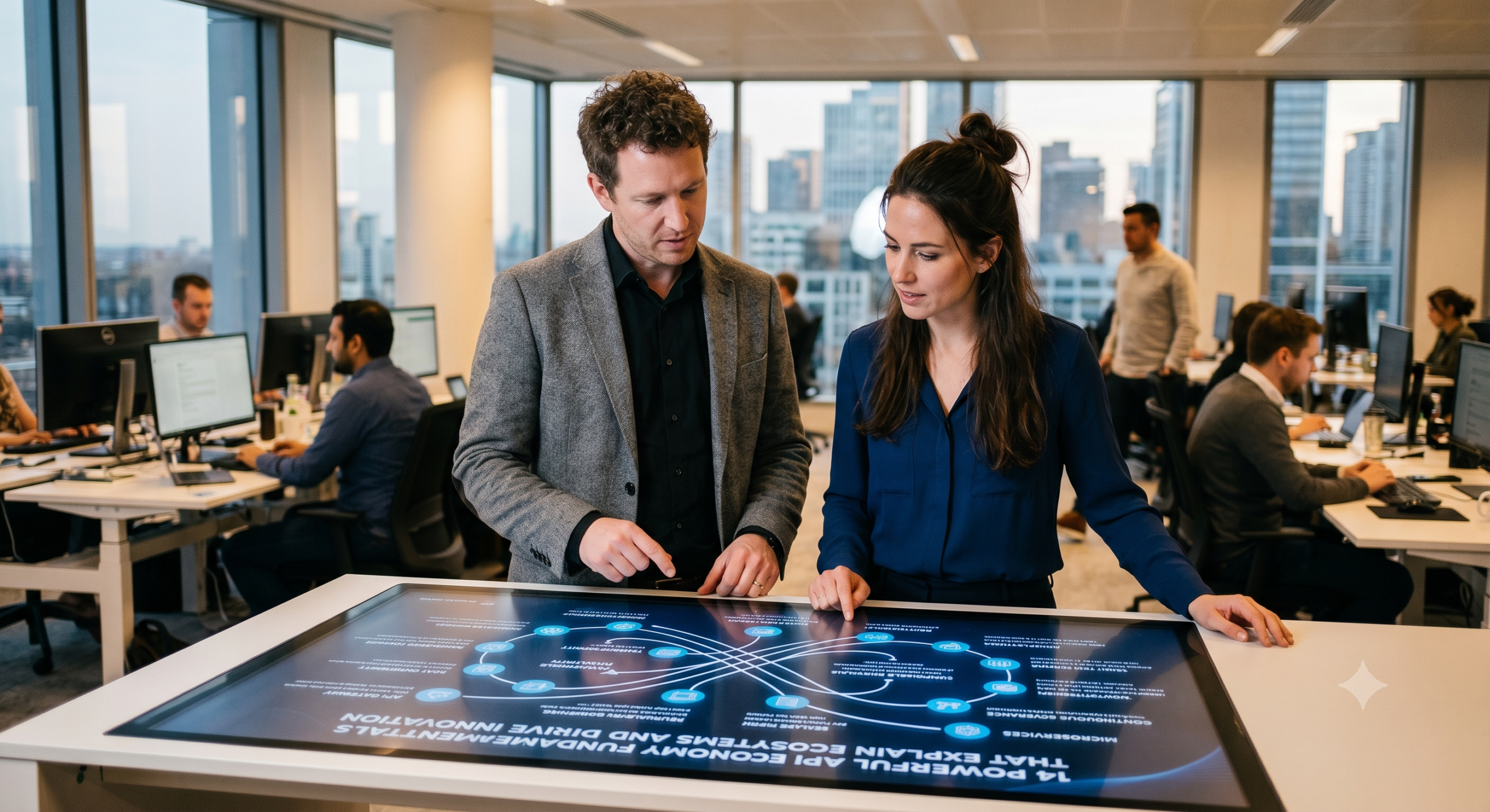 API Economy Fundamentals illustrated by enterprise architects designing a platform ecosystem with connected APIs and digital services in a modern office.