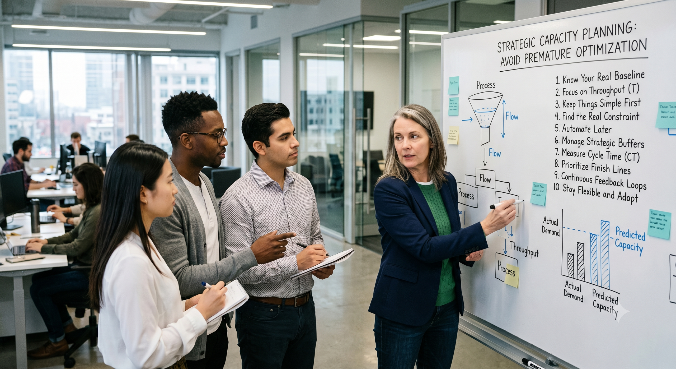 Strategic Capacity Planning workshop showing a leadership team avoiding premature optimization to improve throughput, reduce cycle time, and support scalable business growth.