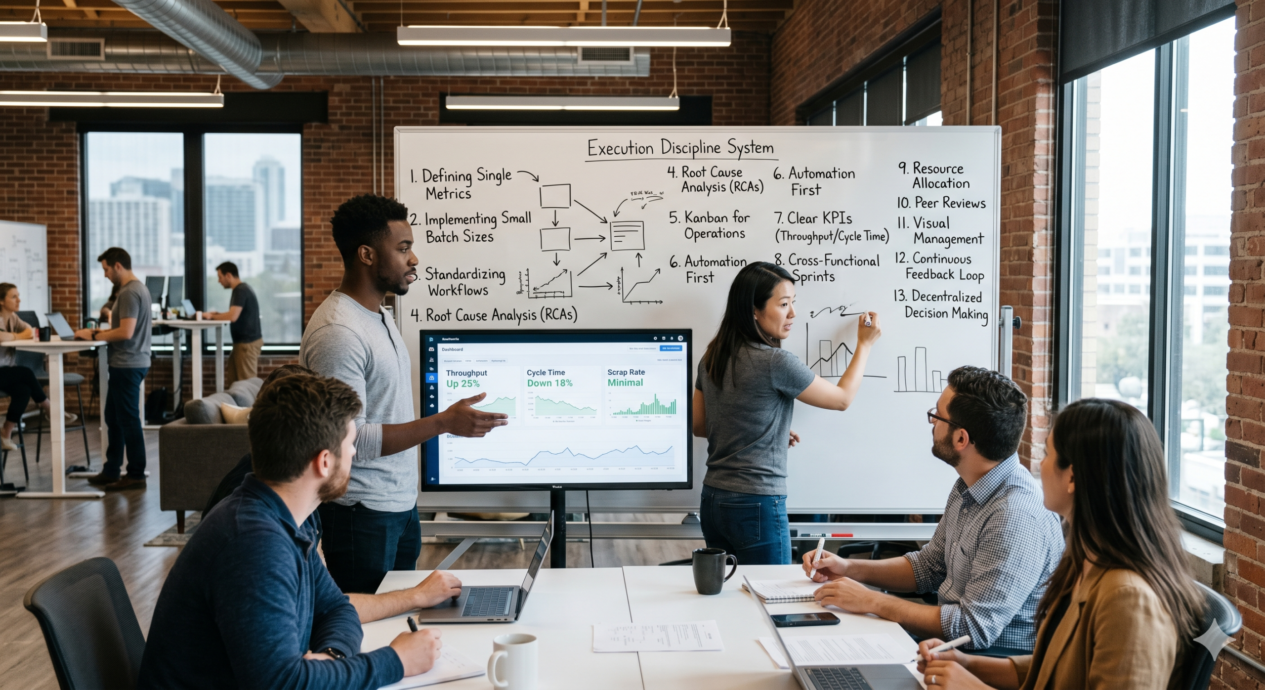 Execution Discipline Systems startup team improving throughput, reducing cycle time, and optimizing operations through visual management dashboards and workflow standardization