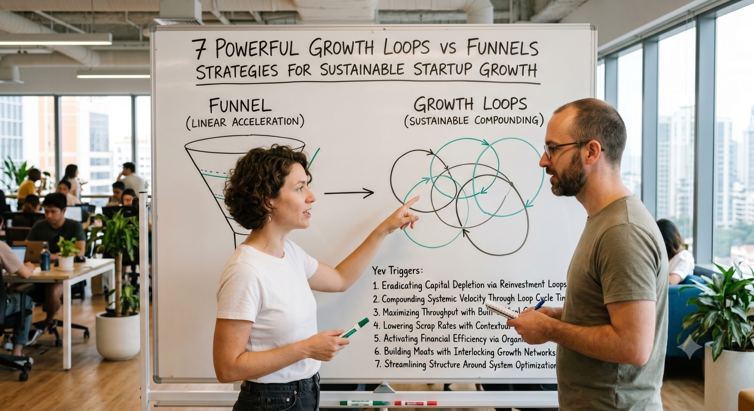 A female Chief Growth Officer explaining the operational differences between a linear marketing funnel and compounding growth loops on a whiteboard to a colleague in a modern startup office.