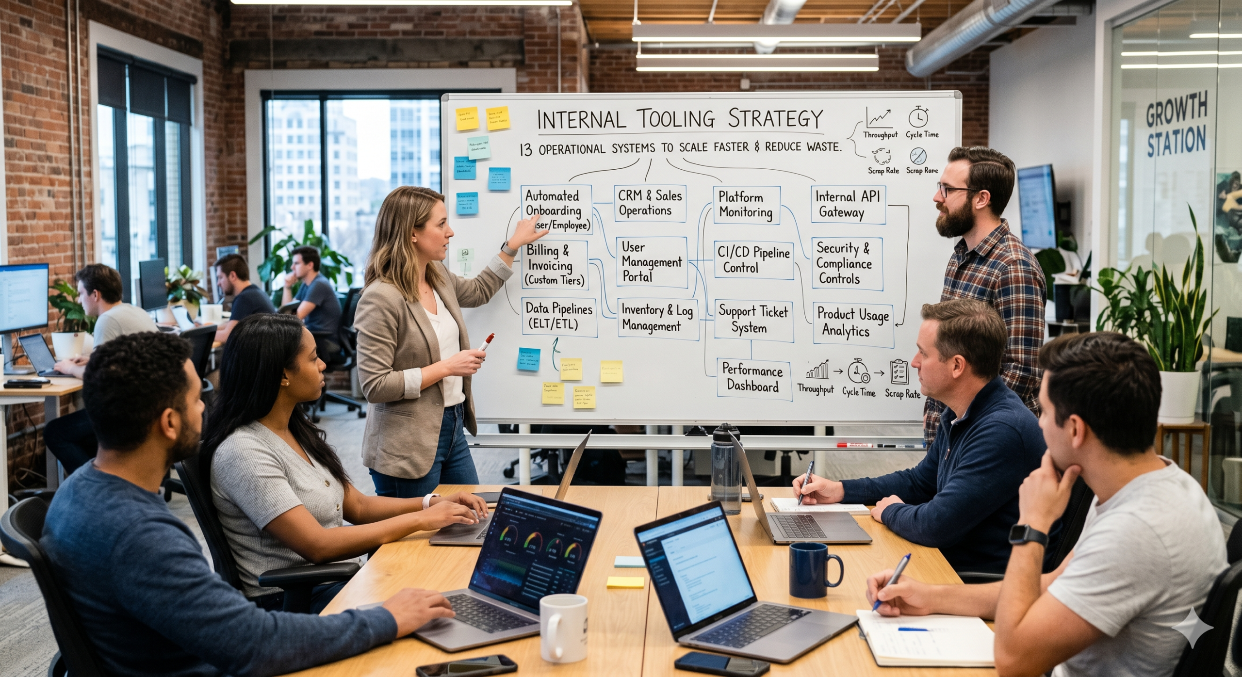 Startup team discussing internal tools strategy during an operations planning meeting, reviewing workflow automation, performance dashboards, CRM systems, and software platforms to improve productivity and scale business operations.