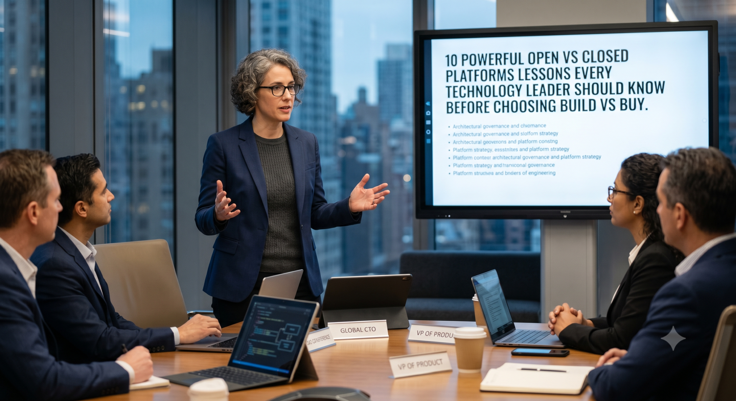Open vs Closed Platforms presentation showing enterprise technology leaders discussing a Build vs Buy Decision Framework for scalable software ecosystems