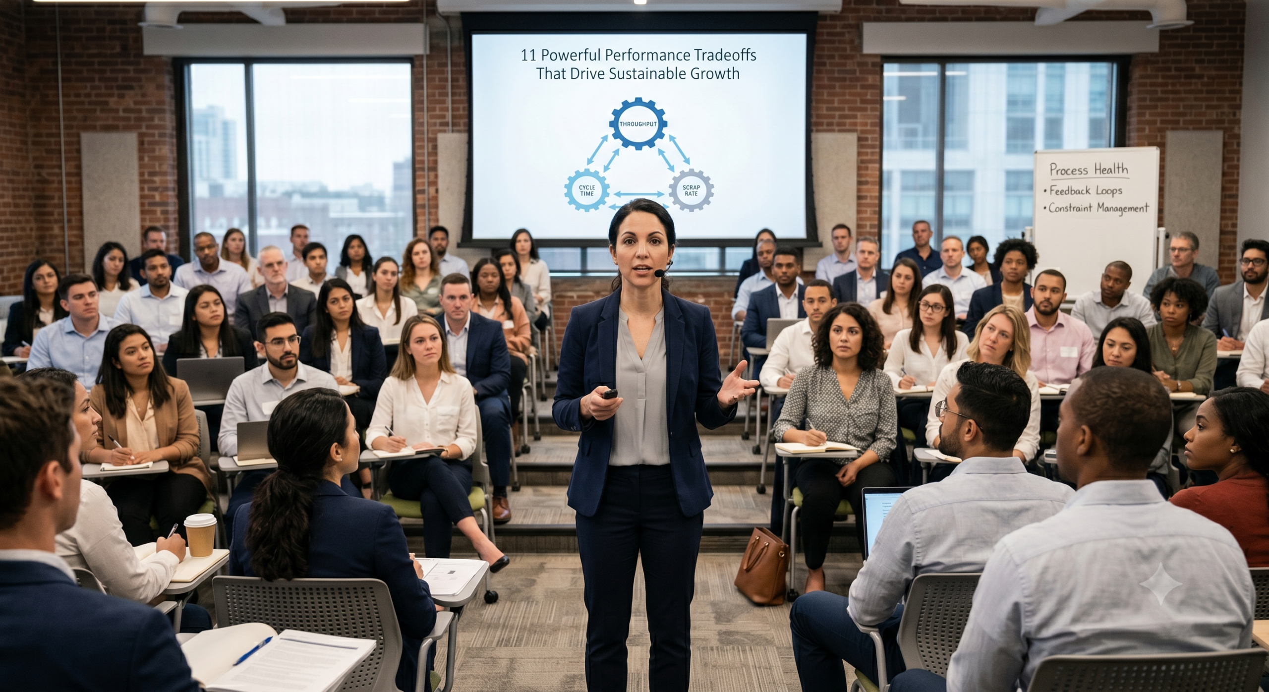 Performance Tradeoffs presentation showing sustainable startup growth strategies focused on throughput, cycle time, and scrap rate optimization during a business leadership workshop.