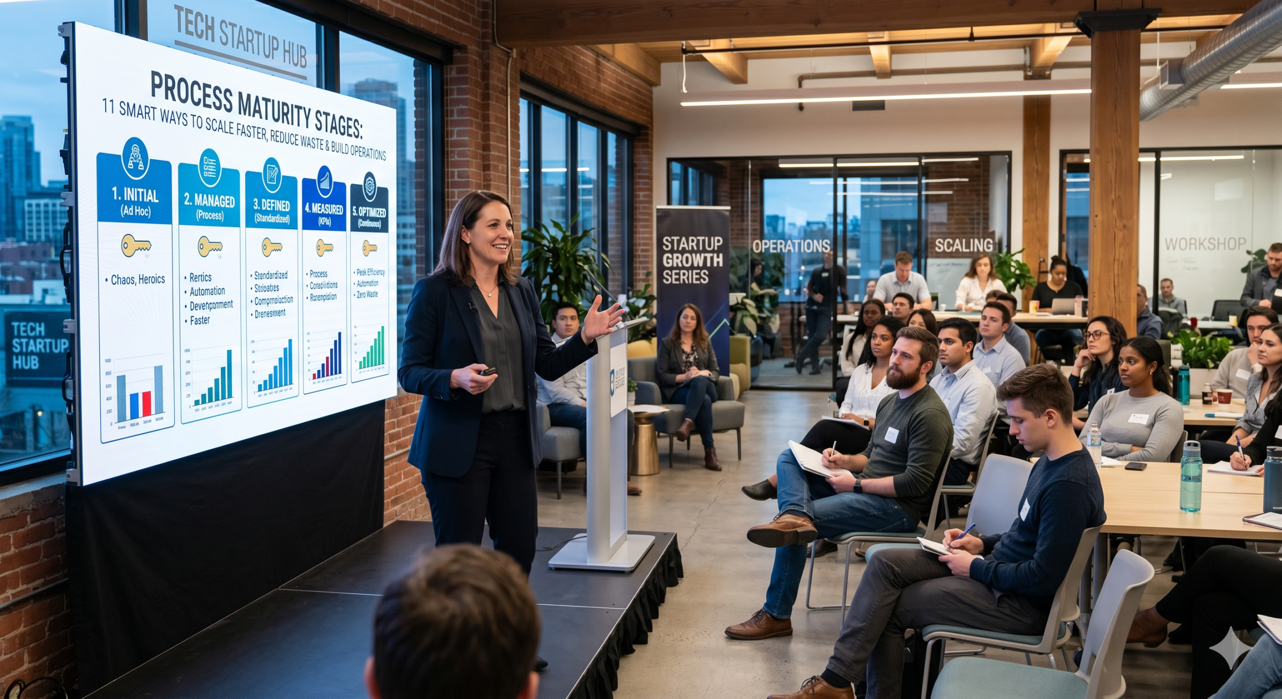 Process Maturity Stages presentation showing startup operations teams learning how to scale faster, reduce waste, improve throughput, and optimize business processes in a modern tech startup hub.