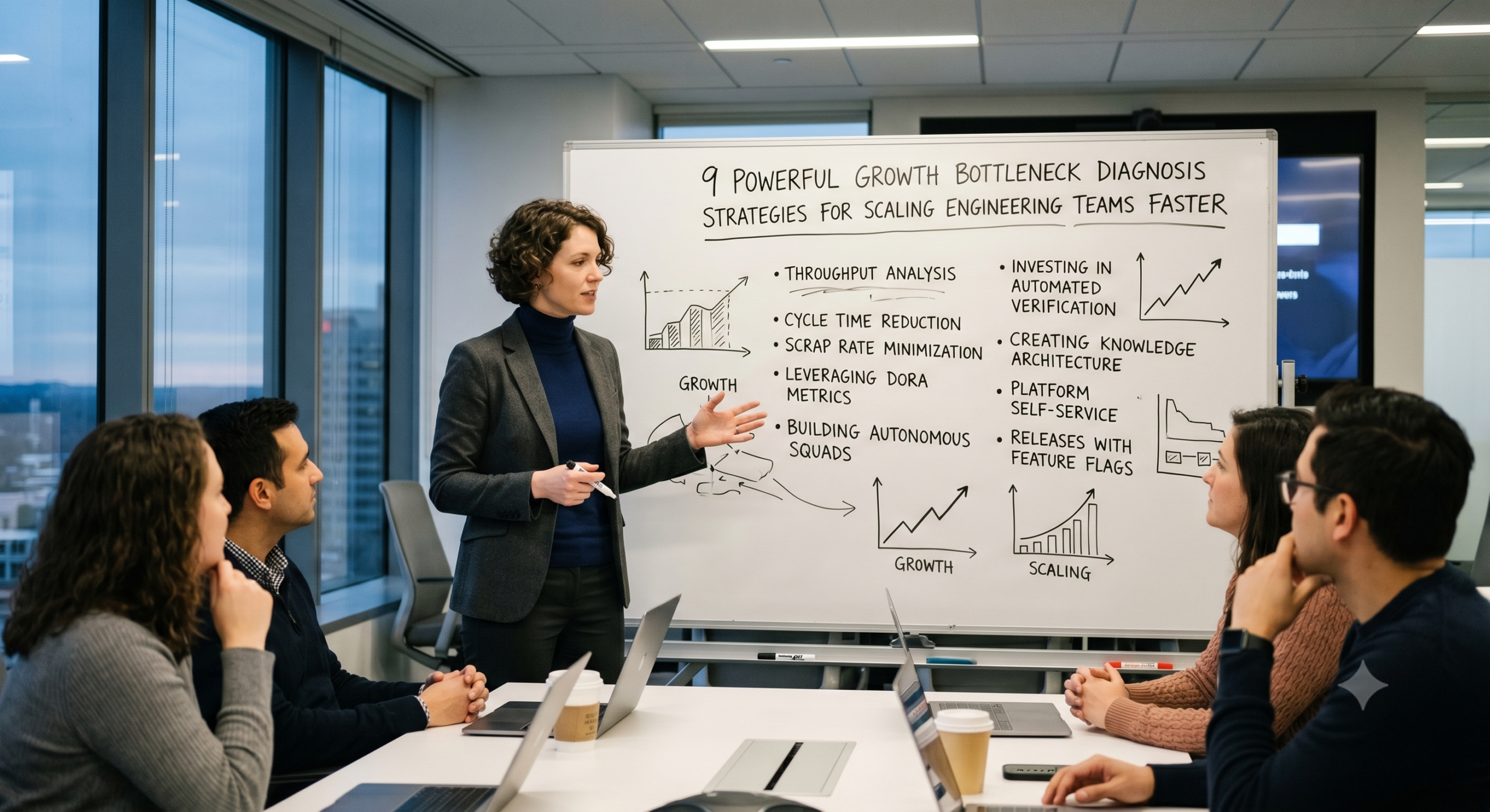 Scaling Engineering Teams strategy workshop showing a growth bottleneck diagnosis session with engineering leaders reviewing throughput, cycle time, and scalability metrics