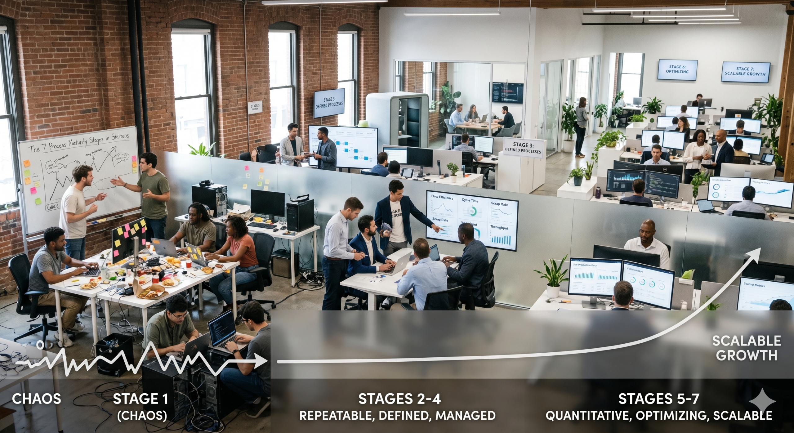 Startup Growth Stages showing the evolution from startup chaos to scalable growth through process improvement, operational maturity, and team development