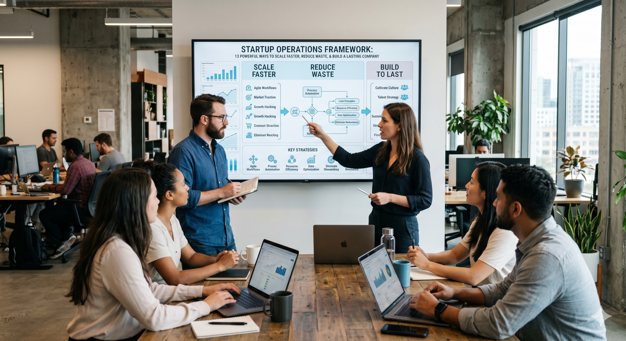 A tech startup operations team analyzing an interactive dashboard displaying the Startup Operations Framework with key pillars for Scale Faster, Reduce Waste, and Build to Last during a strategy meeting.