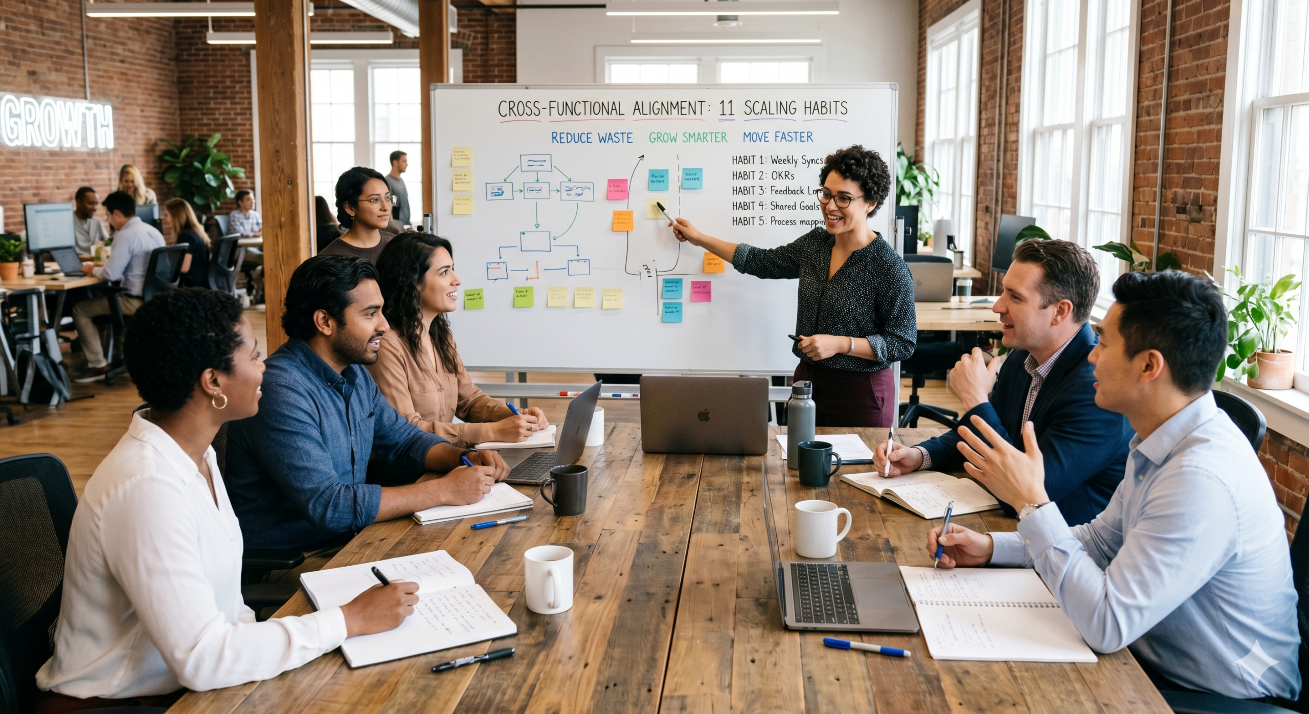 Team alignment meeting in a startup office with employees collaborating on business growth strategies, workflow planning, and cross-department coordination.