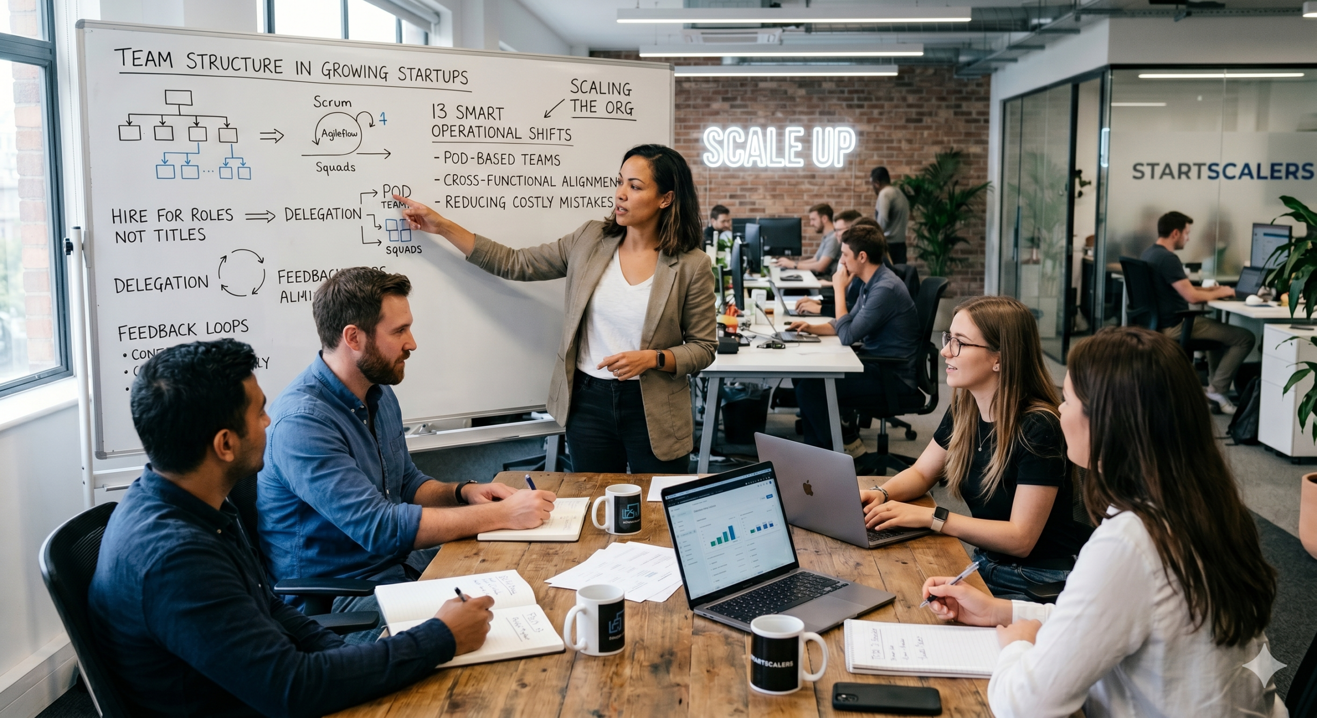 Team Structure in Growing Startups workshop showing a cross-functional startup team discussing operational shifts, scaling strategies, delegation, and organizational growth in a modern office