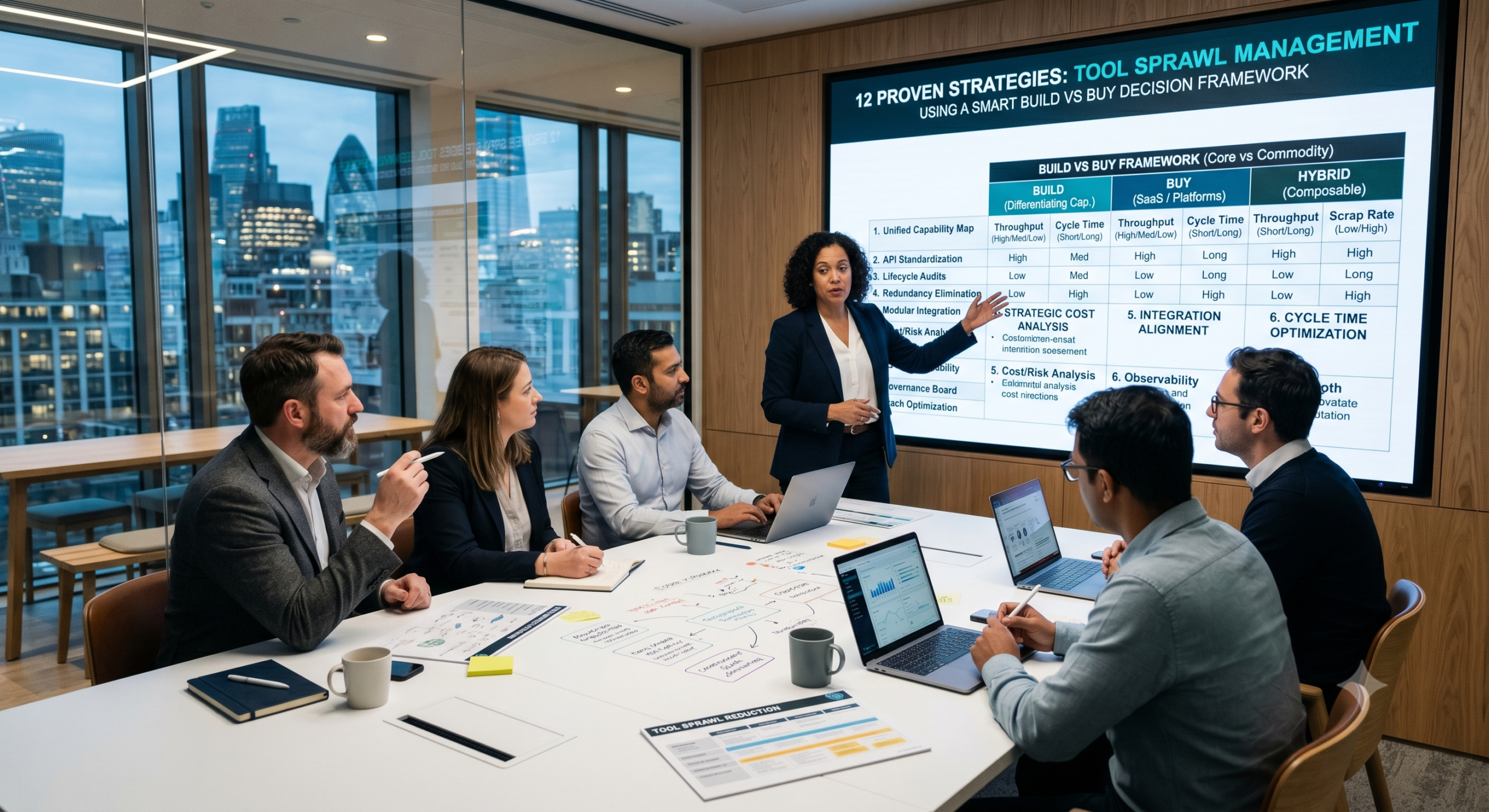 Tool Sprawl Management framework presentation showing an enterprise architecture team evaluating a Build vs Buy decision framework to improve throughput, reduce cycle time, and minimize software waste.
