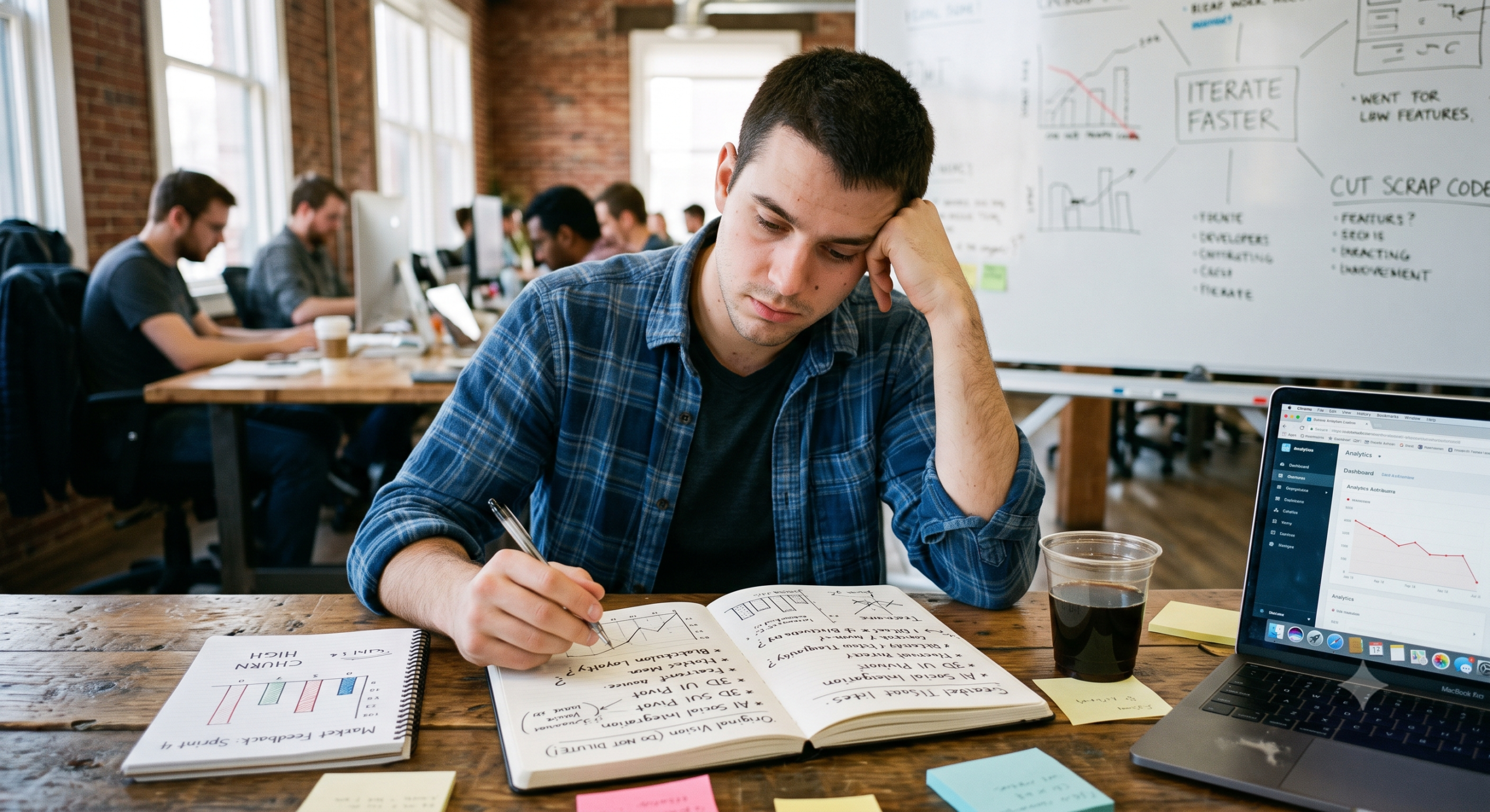 Startup founder analyzing business strategy and execution challenges in a modern startup office