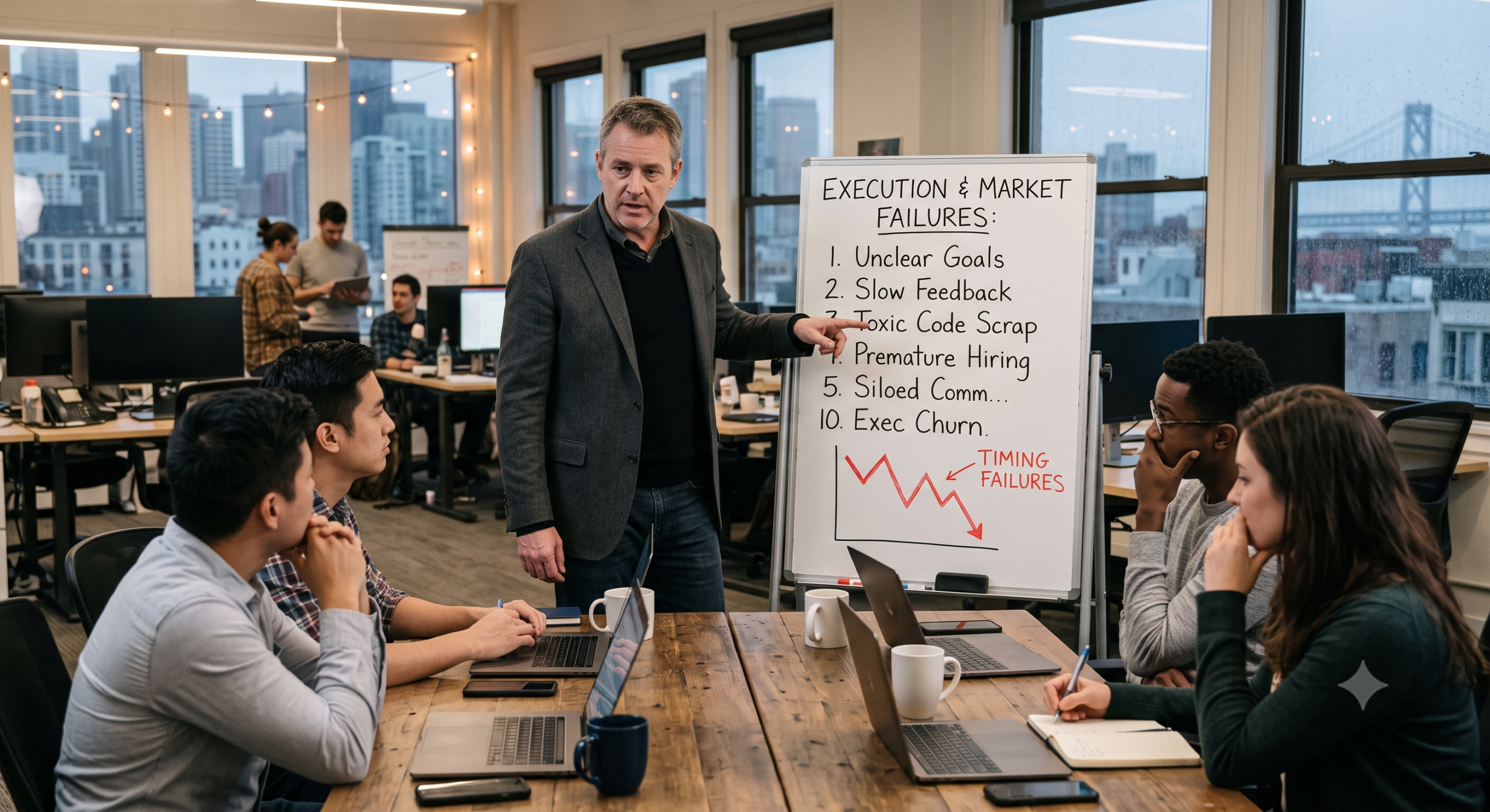Leadership team analyzing market timing failures and startup execution strategy during a business planning meeting