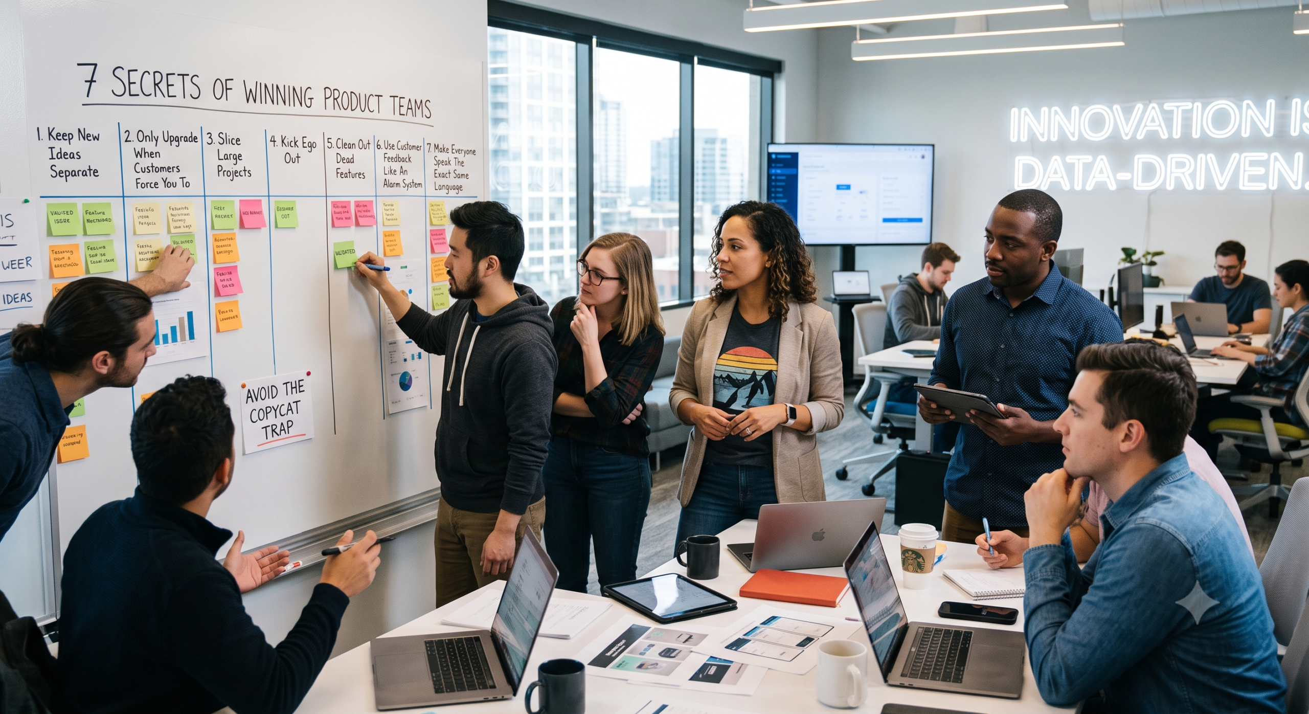 Product development team prioritizing features and avoiding overbuilding before market demand