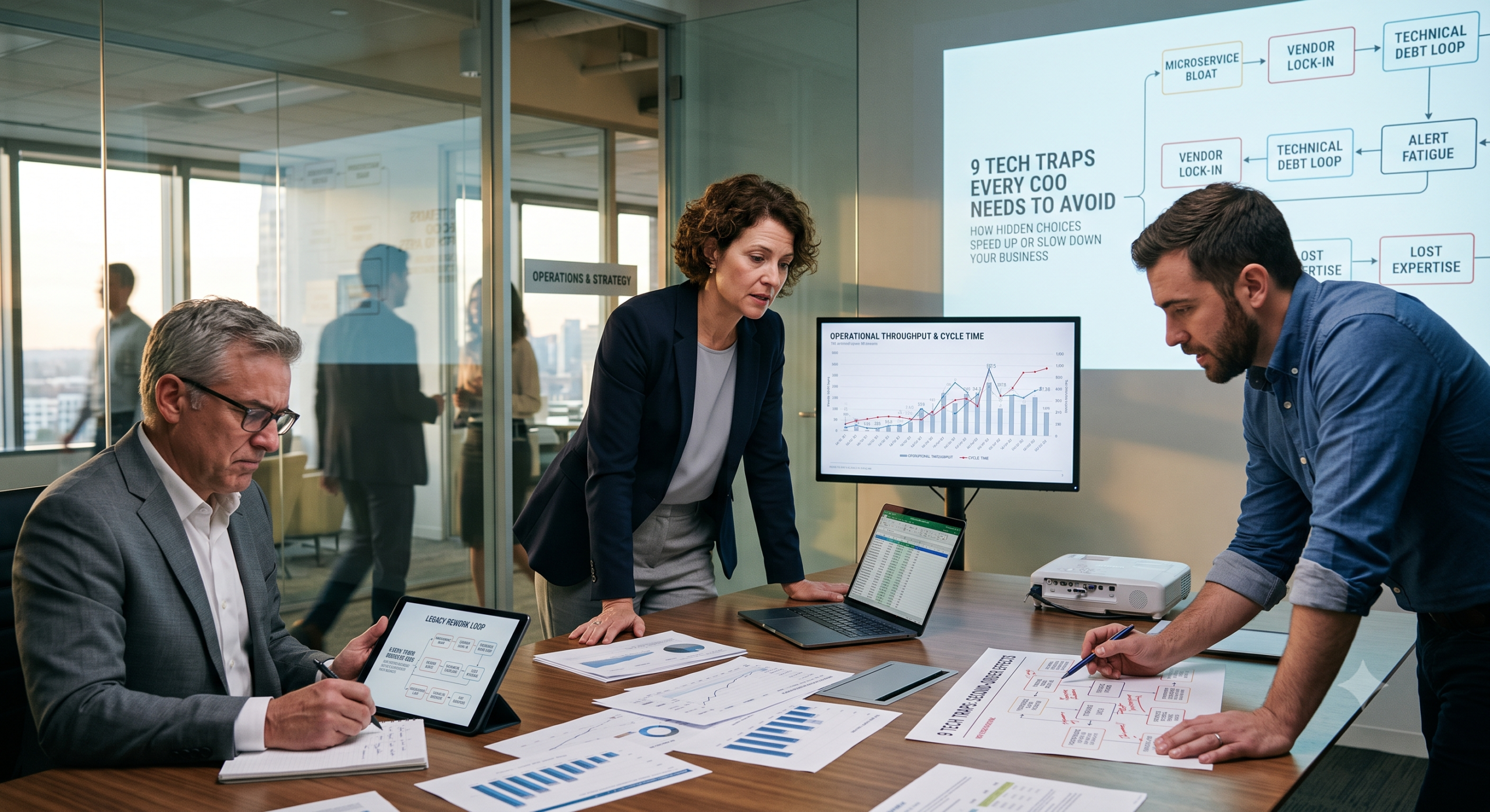 Executive leadership team analyzing strategic blind spots, business execution risks, and operational performance metrics