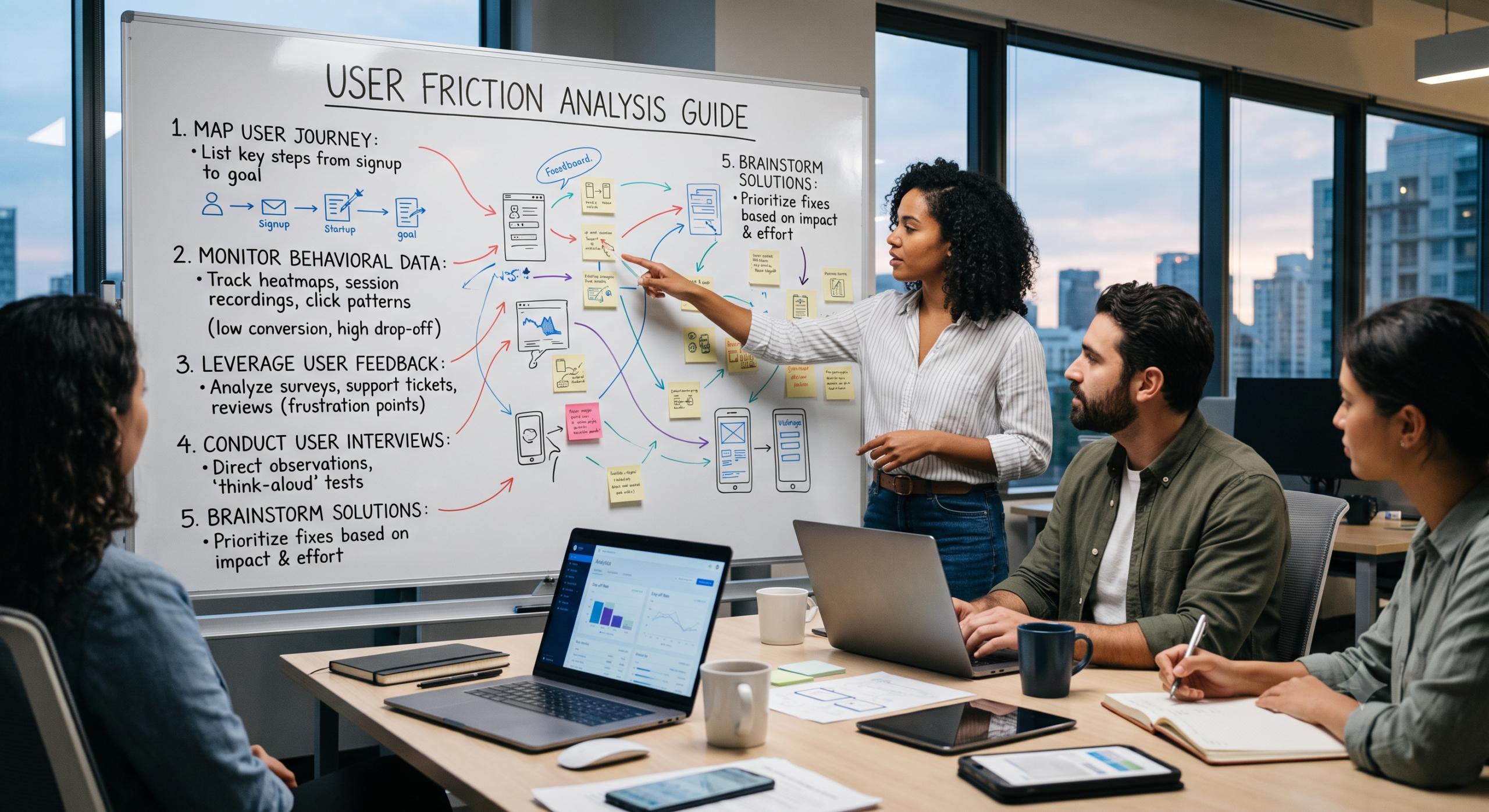 Identify user friction points during a product strategy workshop as a product management consultant maps the customer journey, analyzes user behavior, and prioritizes usability improvements.