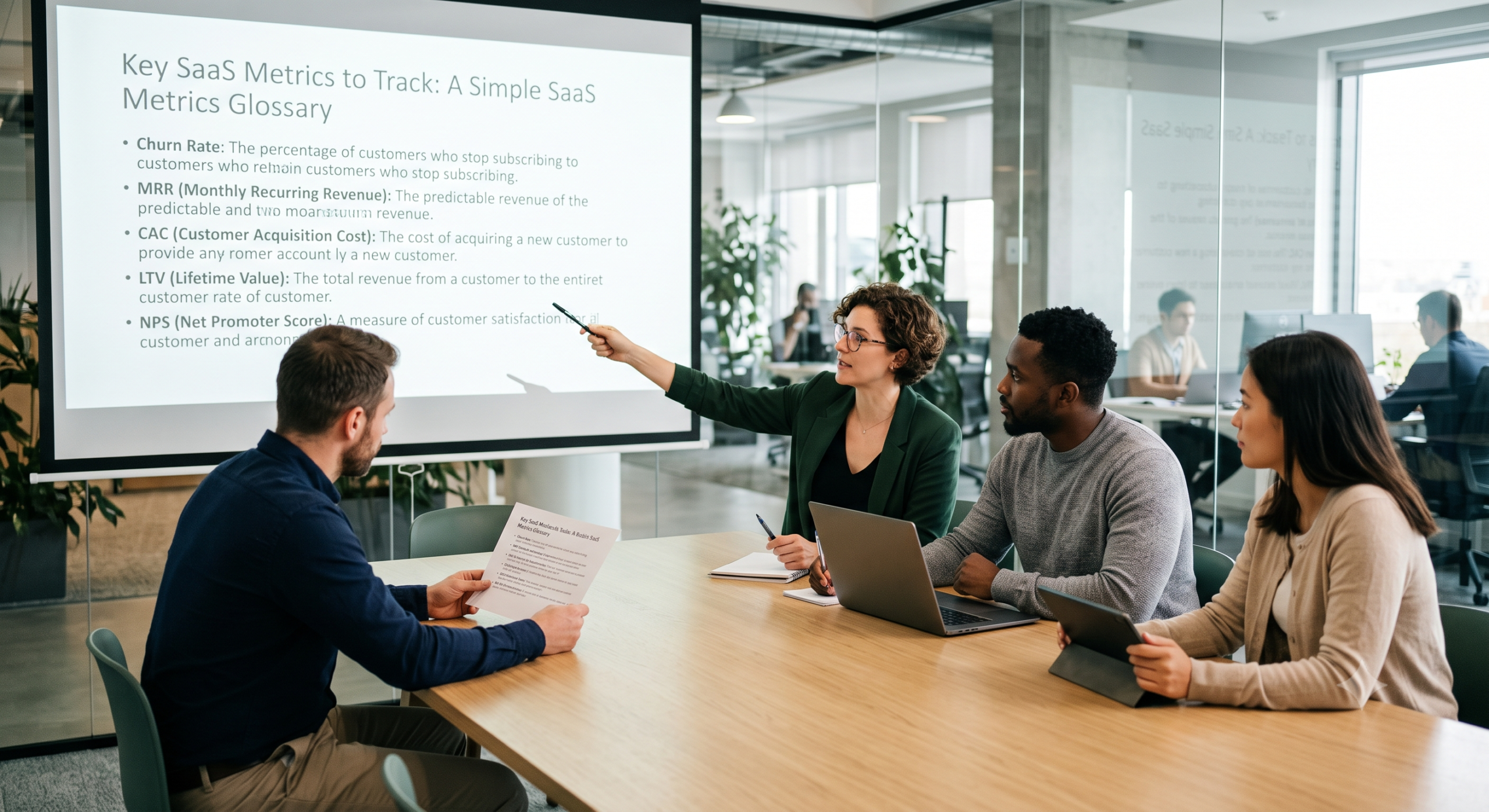 Team reviewing key SaaS metrics to track during a B2B SaaS performance meeting with MRR, CAC, churn rate, and LTV metrics displayed on a presentation screen.
