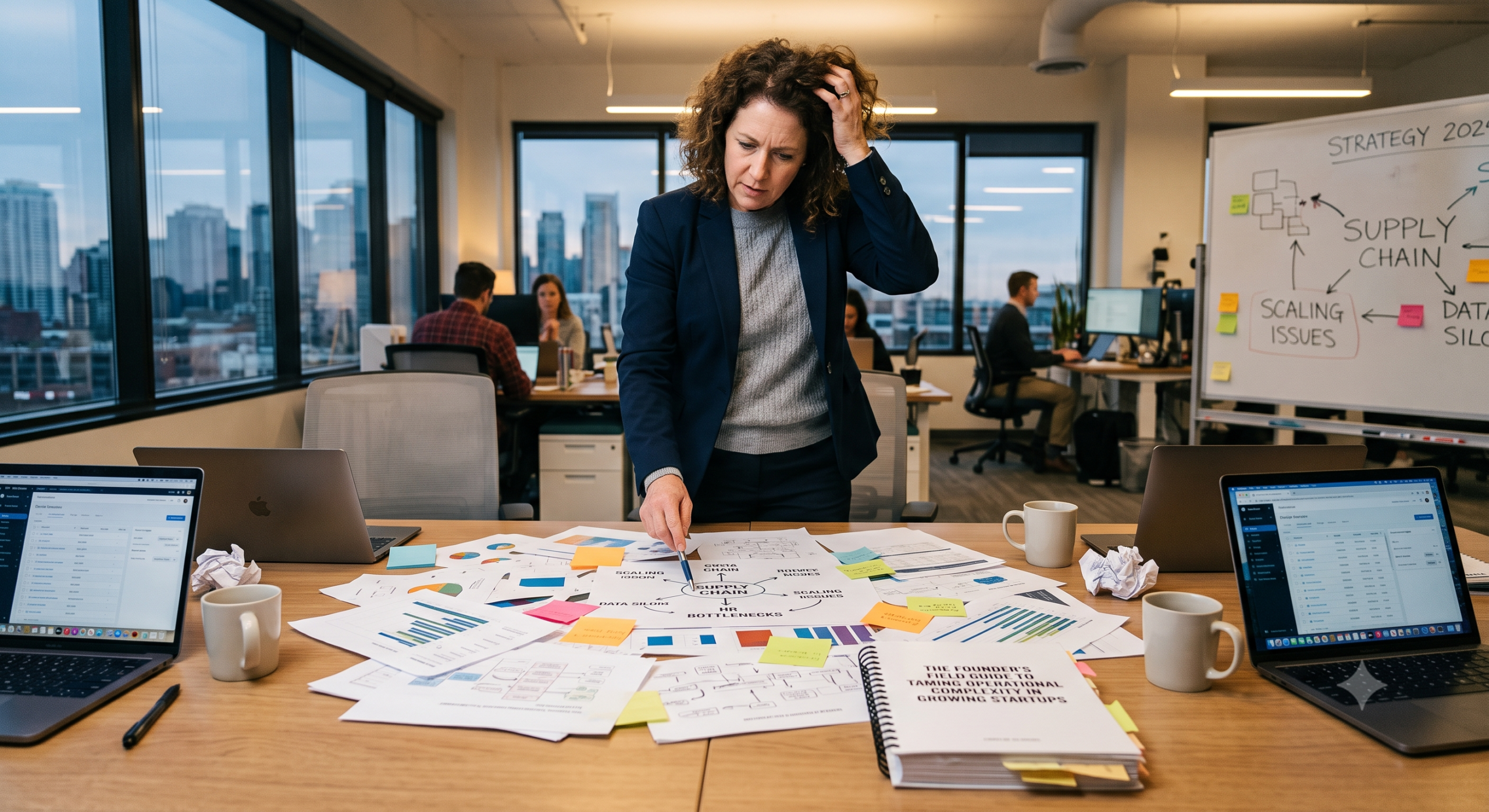 Operational complexity in growing startups illustrated by a startup operations consultant analyzing scaling challenges, workflow bottlenecks, process documentation, and business growth strategy.