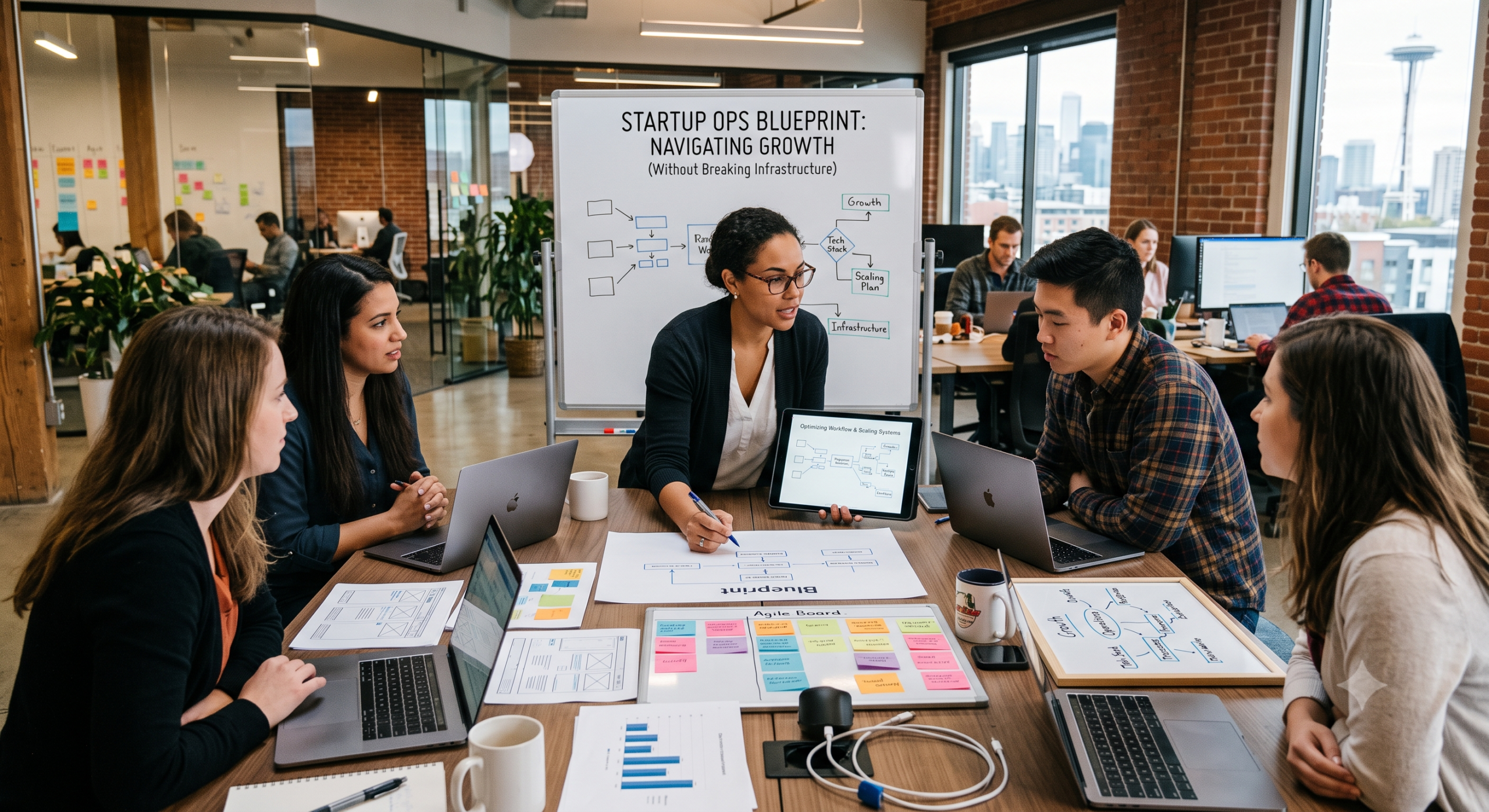 Scaling startup operations strategy meeting with a startup operations consultant leading a team through growth planning, workflow optimization, agile processes, and scalable business systems.