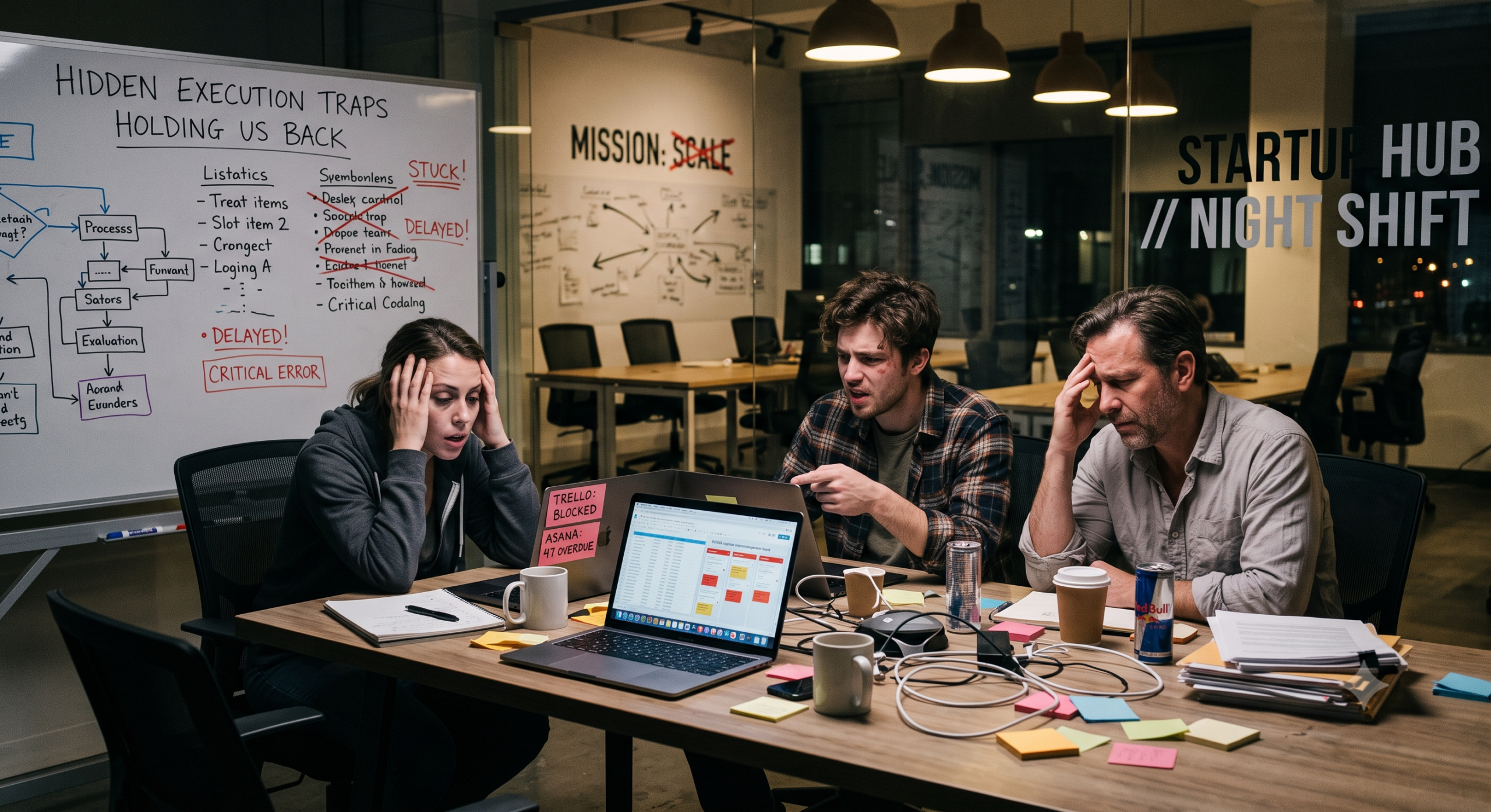 Reasons startup product delivery is slow: startup team facing execution problems during a late-night planning meeting with project delays, blocked tasks, and workflow bottlenecks.