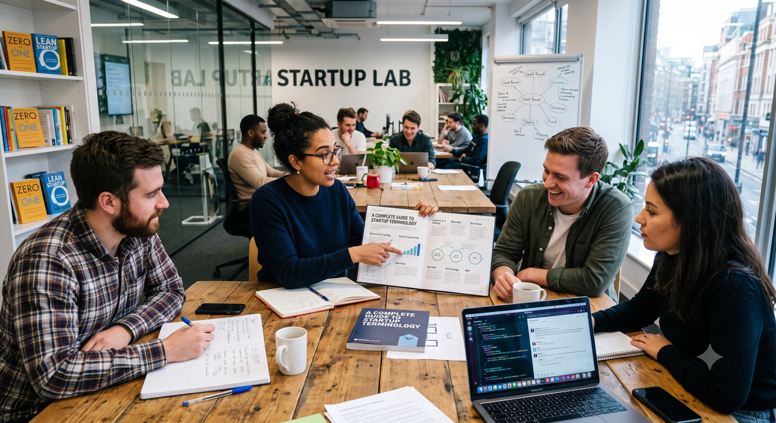 Tech startup dictionary guide being presented during a startup team meeting in a modern office with founders discussing startup terminology and business concepts.