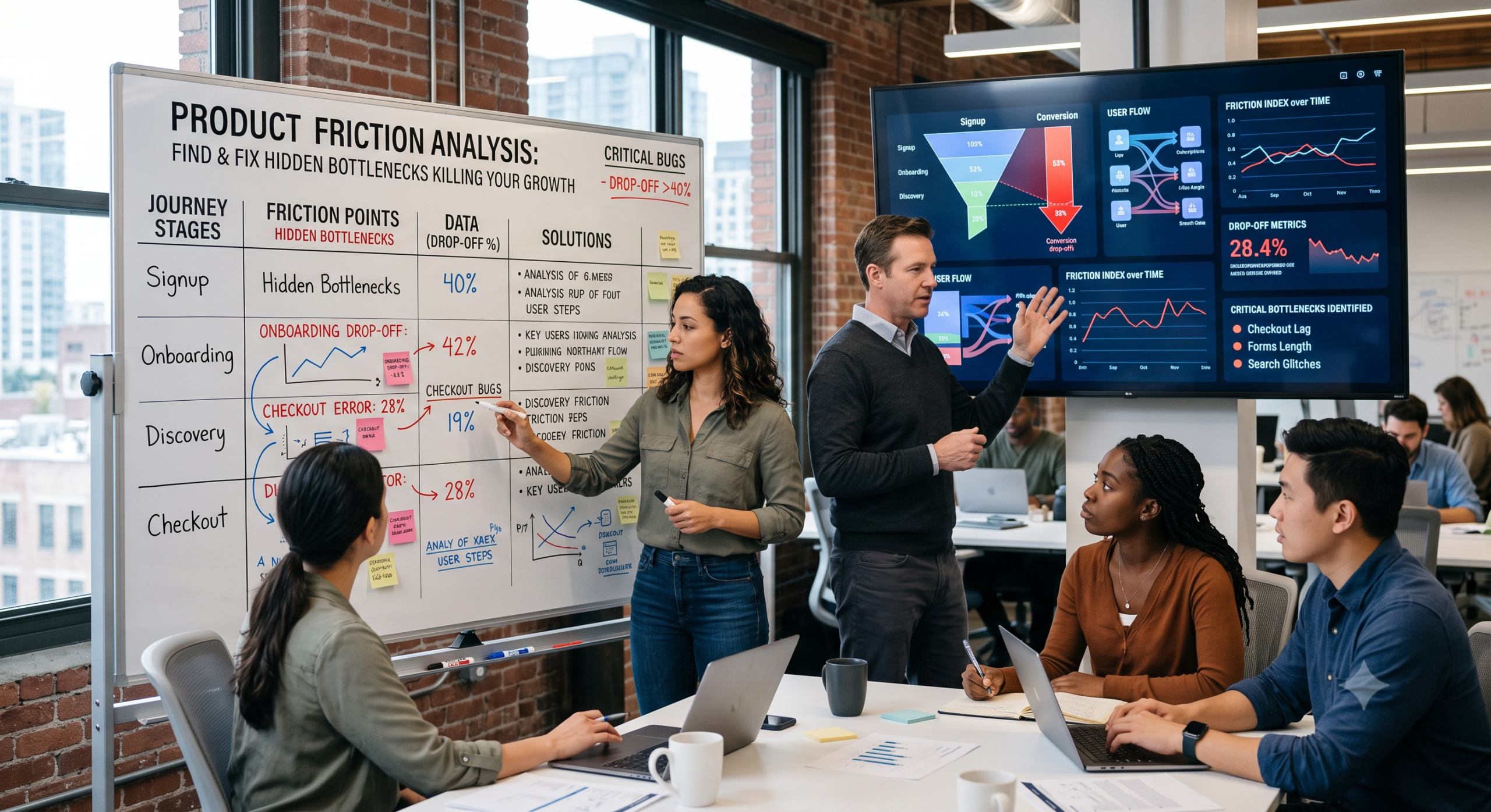 UX friction diagnosis tools dashboard used by a product strategy team to perform product friction analysis, identify user journey bottlenecks, reduce checkout drop-offs, and improve conversion rates.