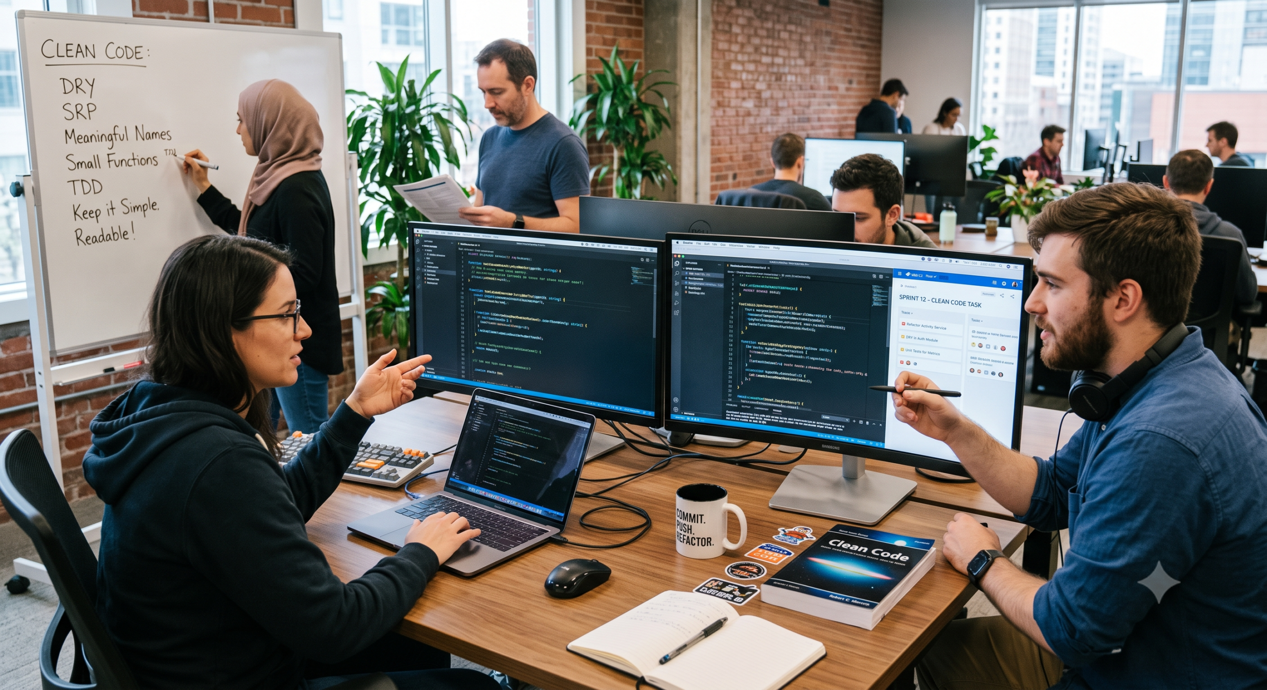 Clean code principles for modern software engineering with developers reviewing code and discussing best practices