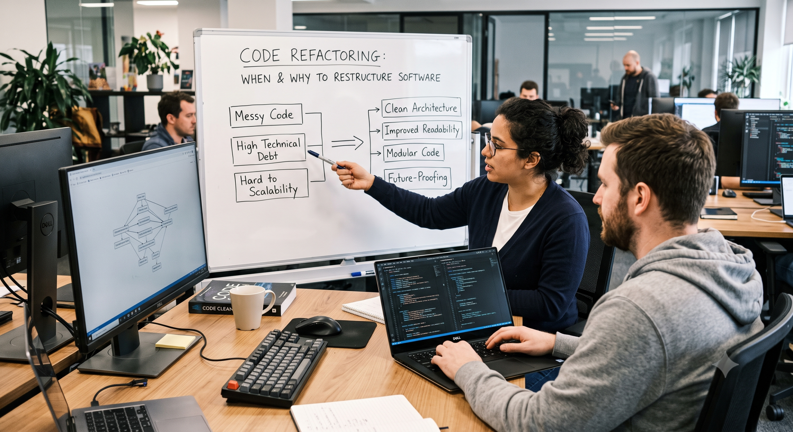 Code refactoring discussion showing developers restructuring software for cleaner architecture and modular code