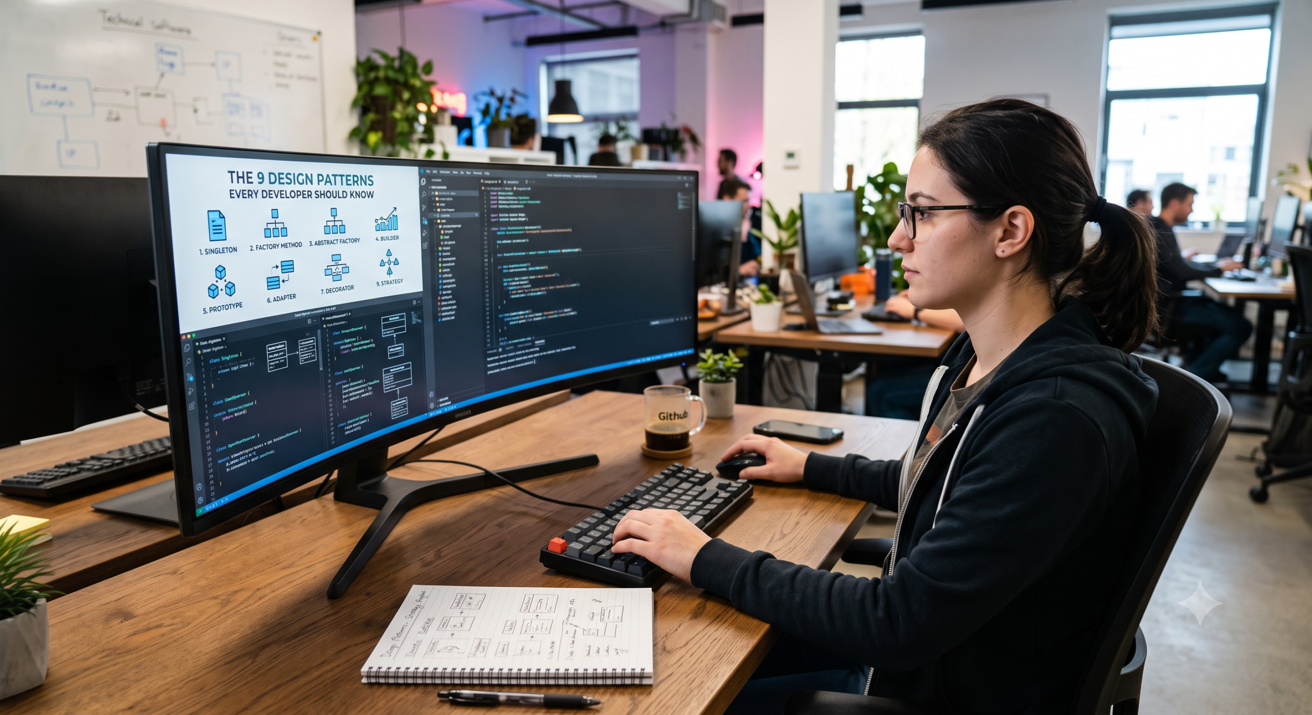 Software developer reviewing 9 design patterns and code on a computer screen