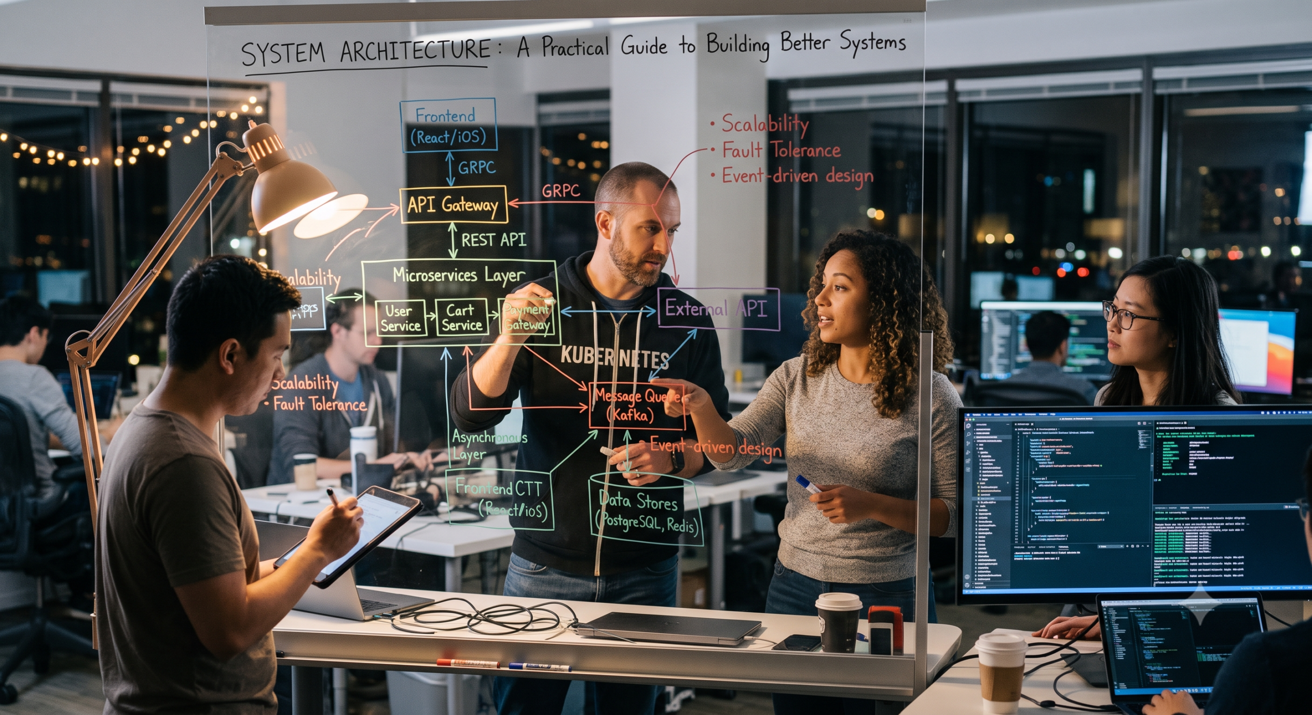 Software architecture team designing microservices, API gateway, data stores, and event-driven systems