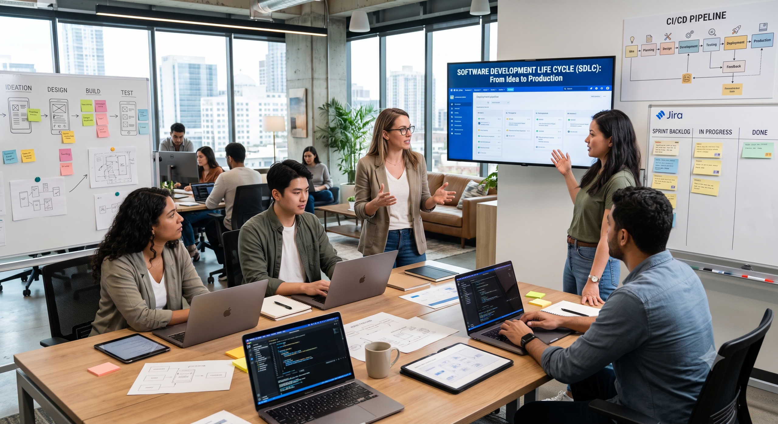 Software development team planning, coding, testing, and deploying software through the SDLC and CI/CD pipeline